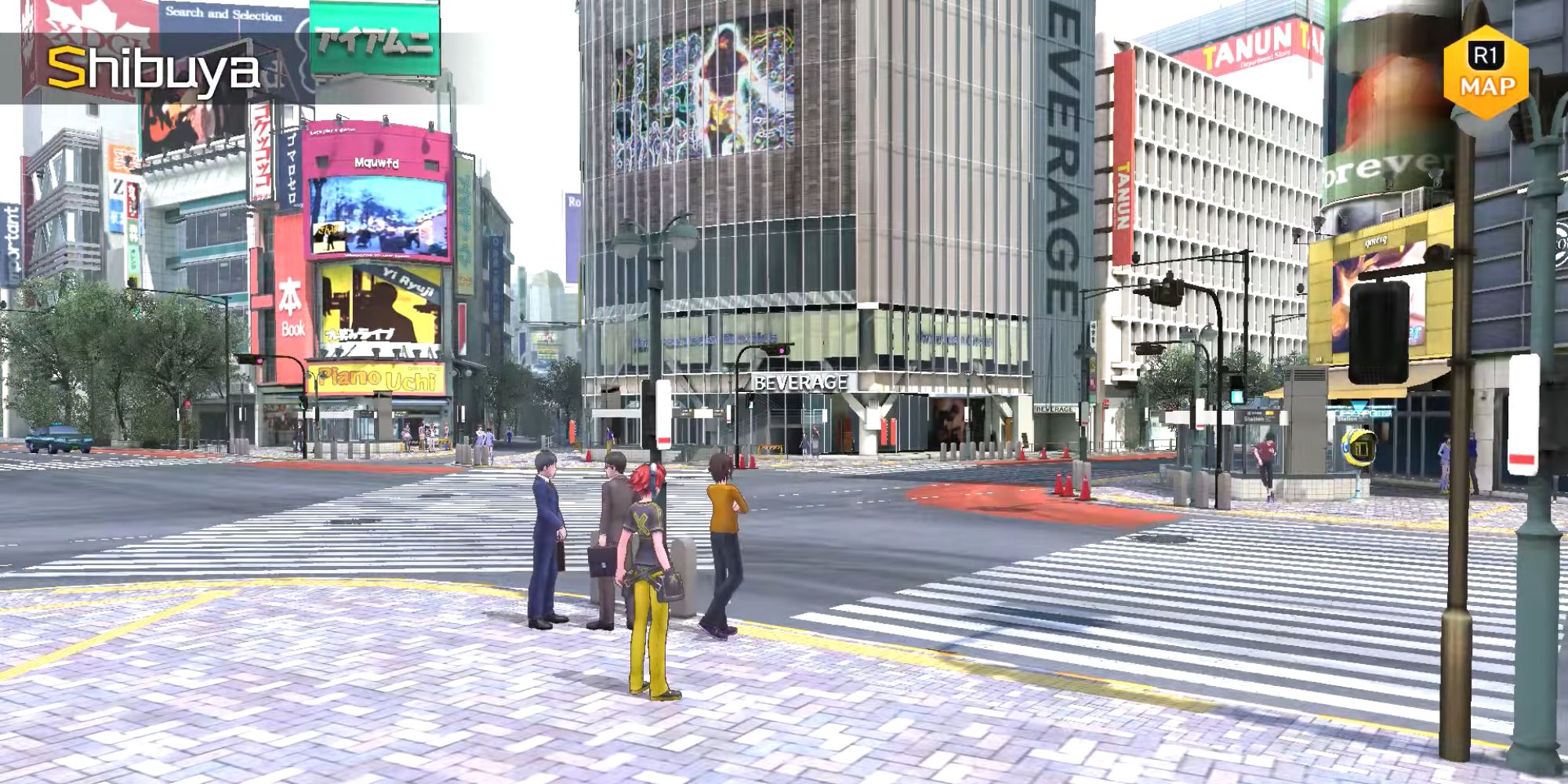 Digimon Story: Cyber Sleuth Takumi Aiba going over the Shibuya Crossing with people nearby