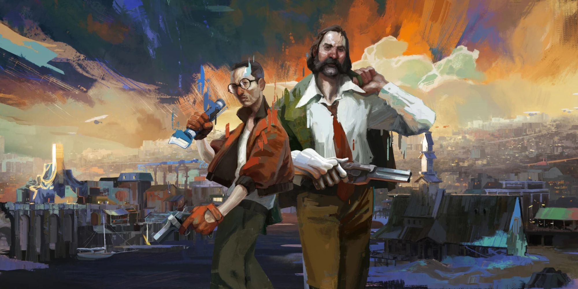 Art for the game Disco Elysium featuring its two protagonists, Kim Kitsuragi and Harrier Du Bois posing in the middle with a water colour rendition of the city of Revachol in the background