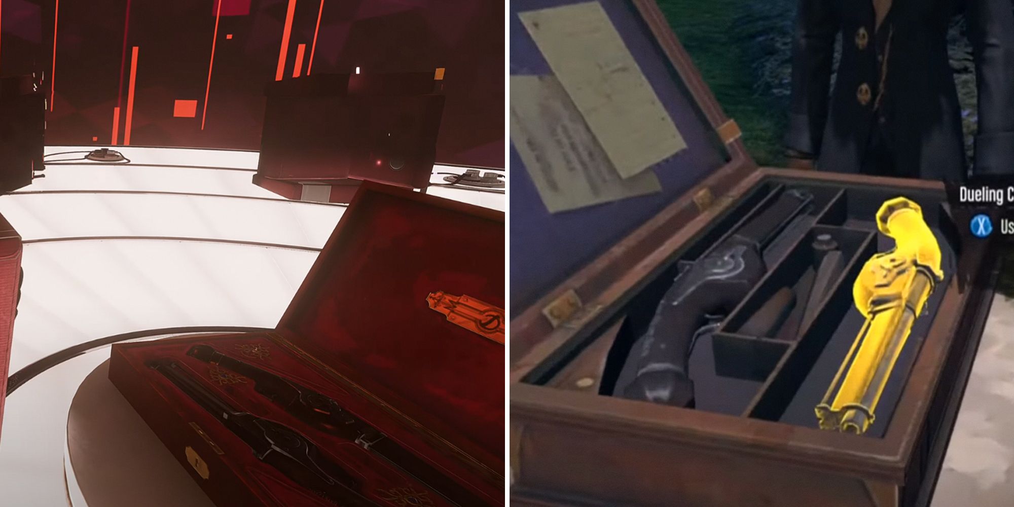 Split image of similar boxes containing the same pistols. Photos from Deathloop and Dishonored.