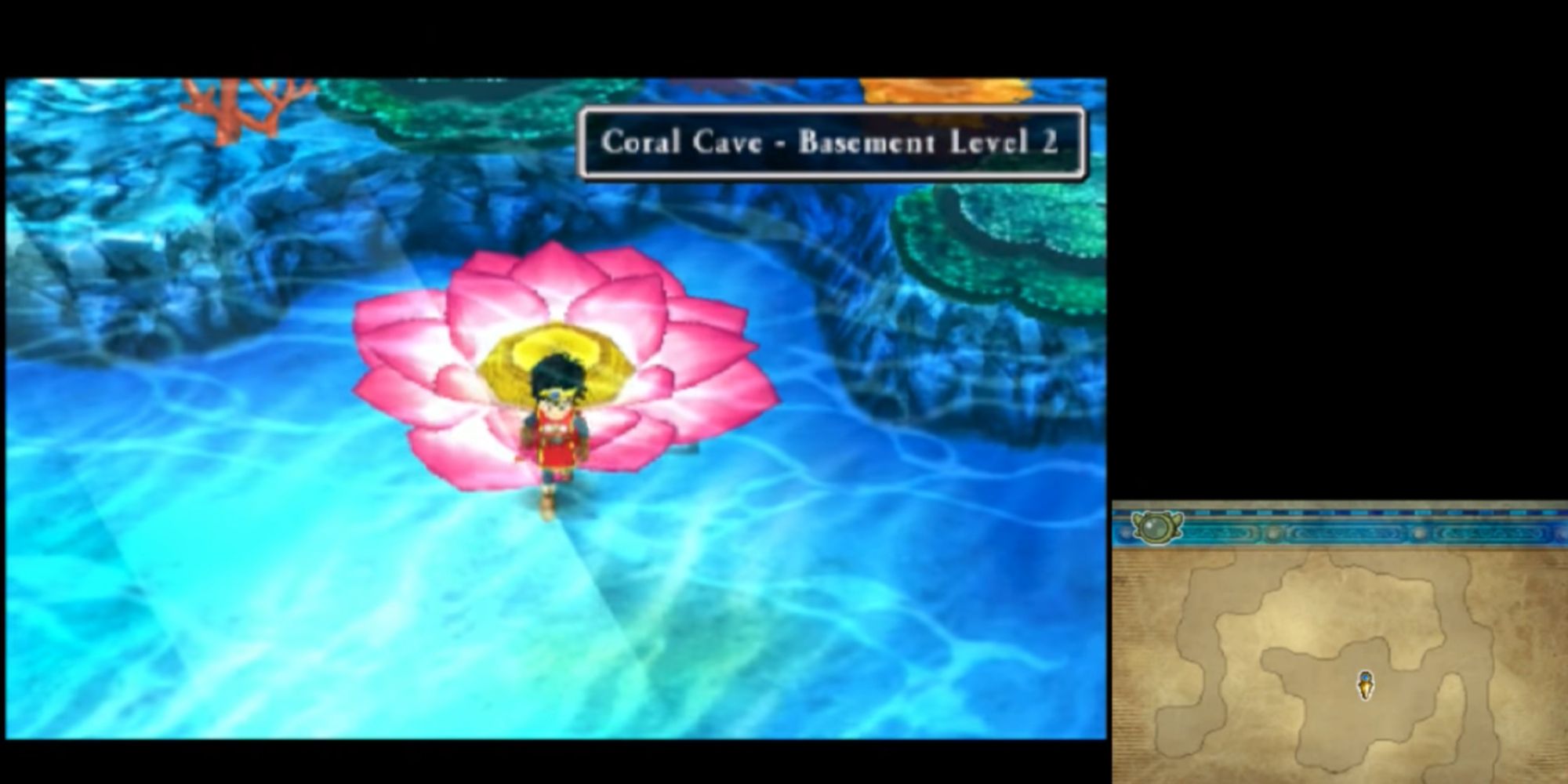 Dragon Quest Hero in Coral Cave on top of large lotus flower and surrounded by water with map in bottom right