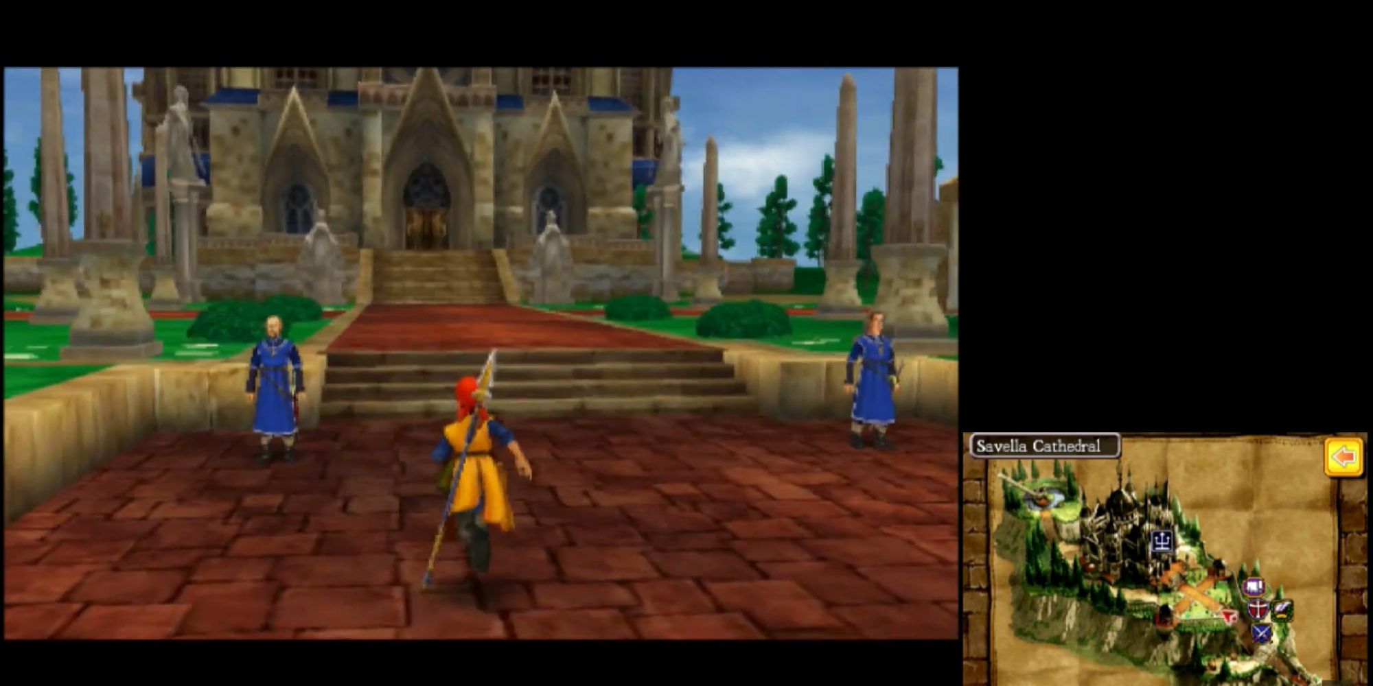 Dragon Quest Trodain running up toward large cathedral with two guards on either side and map in the bottom right