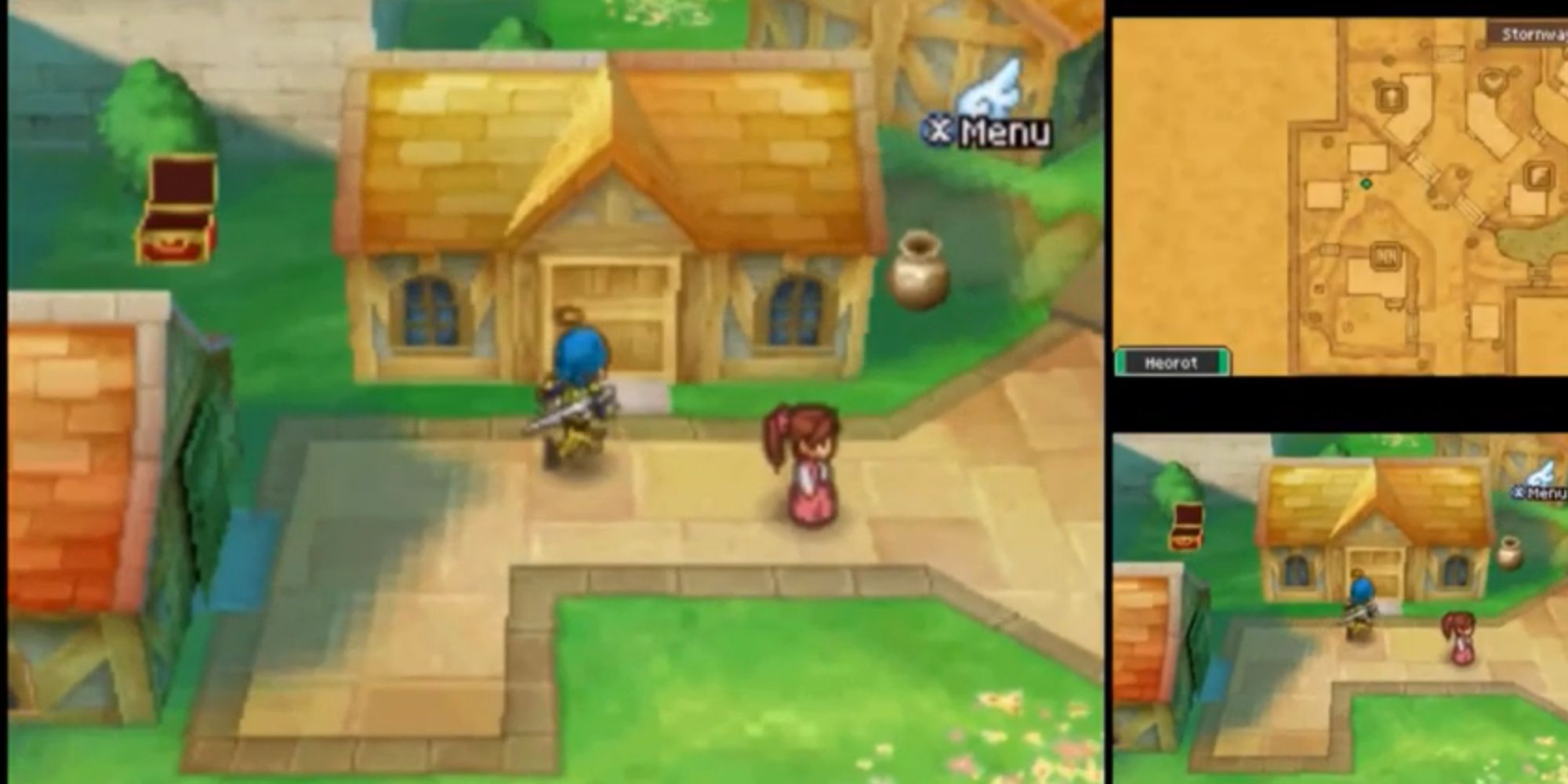 Dragon Quest Hero running into small house with an open chest nearby and a woman stood still