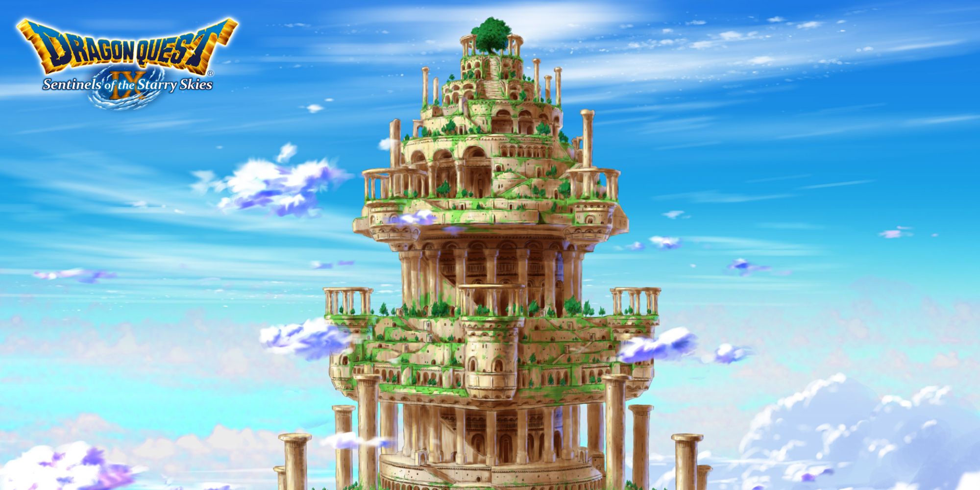 Dragon Quest concept artwork for The Observatory showing it floating in the sky surrounded by clouds