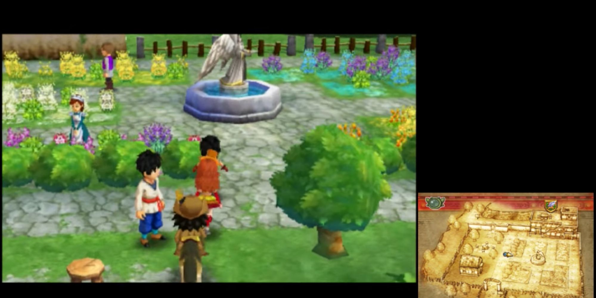 Dragon Quest Hero next to trees, flowers and a water fountain in Wilted Heart with map on the bottom right