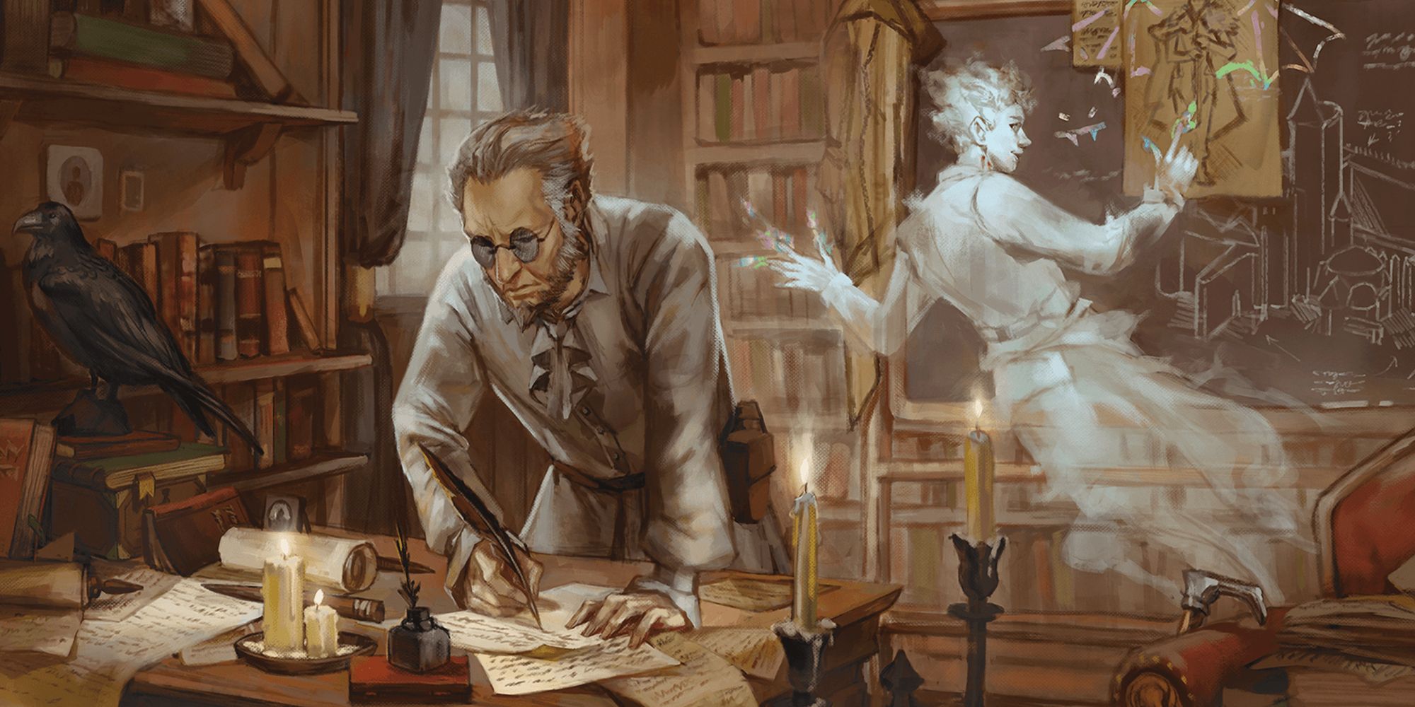 Dungeons & Dragons, a scholar browsing documents with a floating ghost behind him