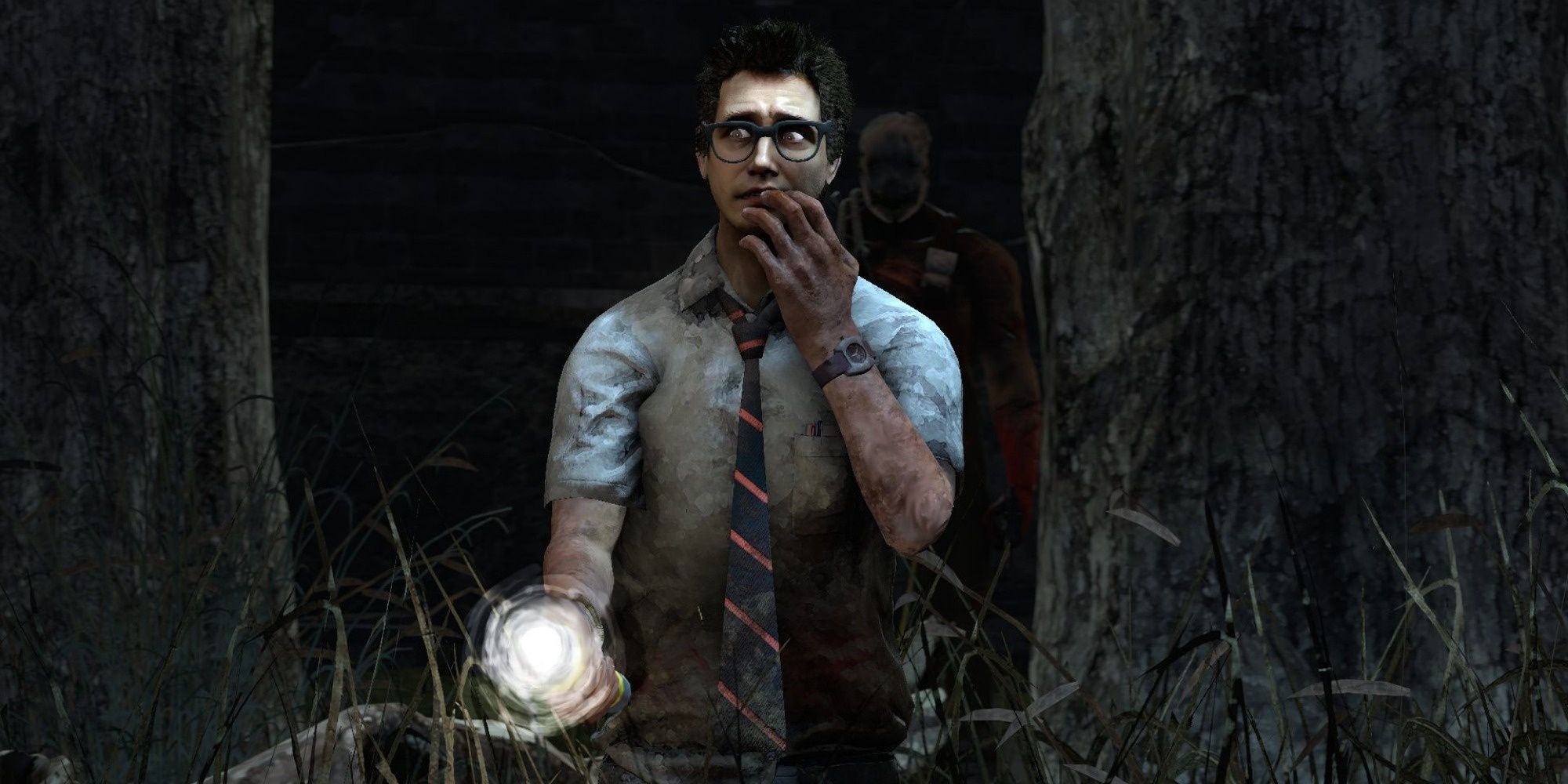 Dwight Fairfield being stalked by The Trapper in Dead By Daylight