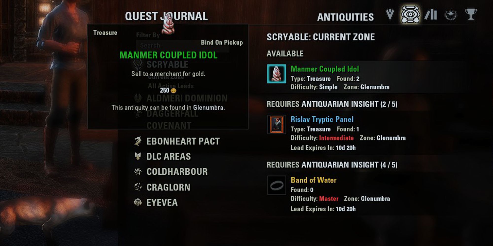 ESO Antiquities Journal with three leads, the Band of War, a painting, and an idol.