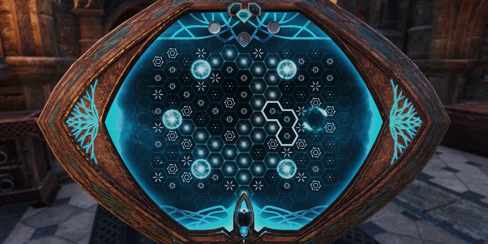 ESO Scry Minigame Puzzle With Hexagons Leading Toward Lit Up Circles