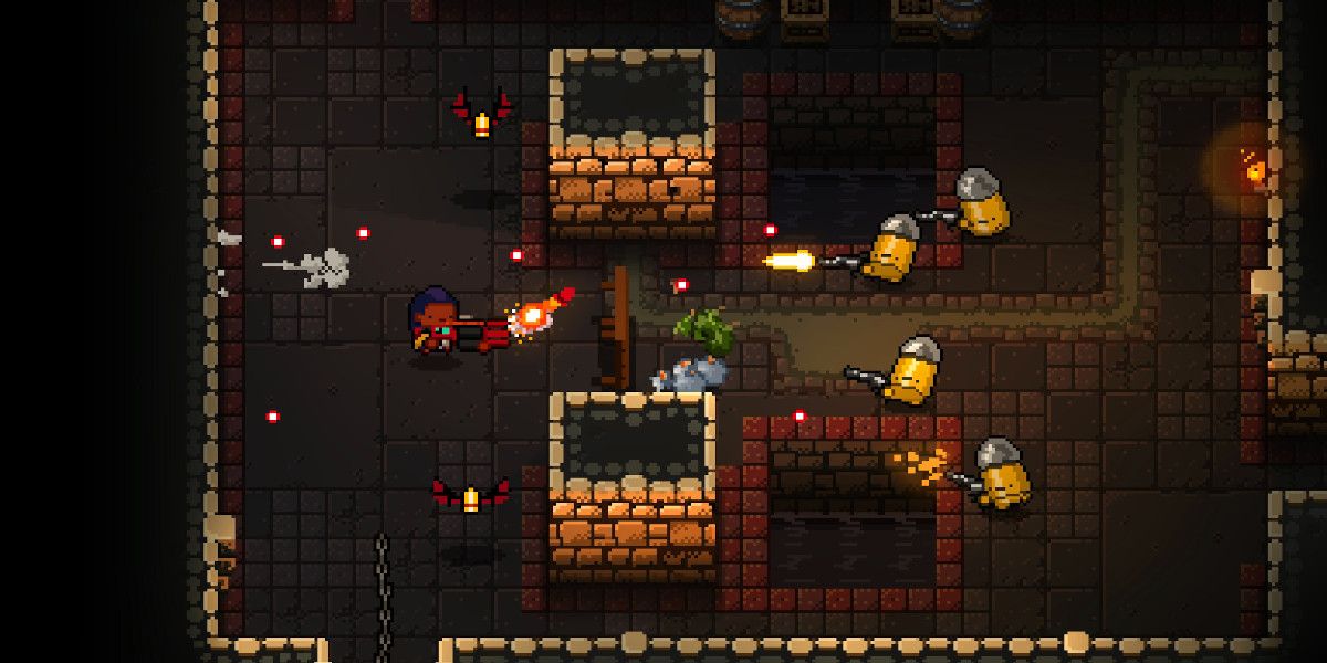 Gameplay from Enter the Gungeon with a player attempting to go through a room