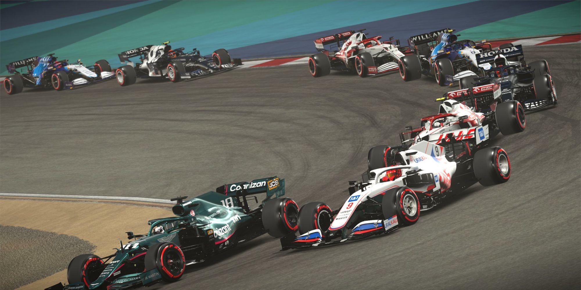 F1 2021 Stroll Mazepin Racing A Queue Of Cars In Bahrain
