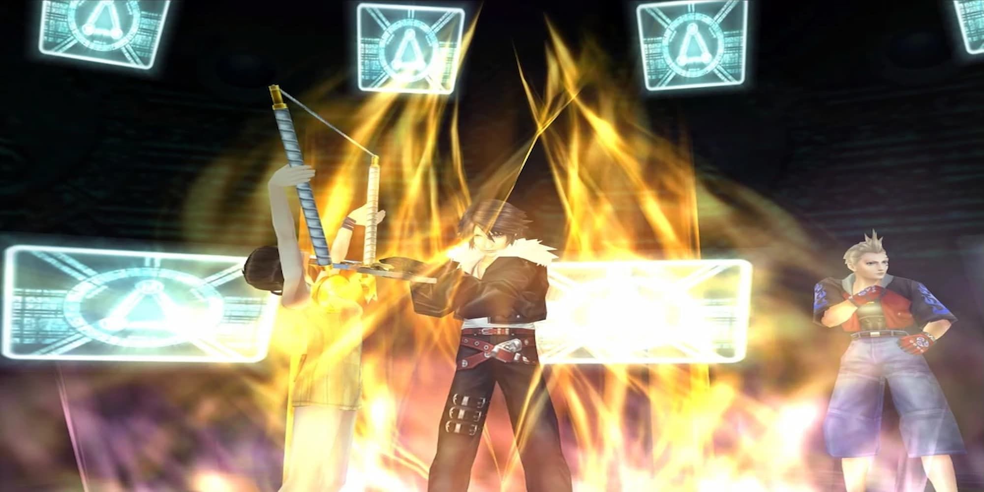 FF8 Aura squall in dark room surrounded by screens facing camera and weapon posed up wrapped in golden spell aura