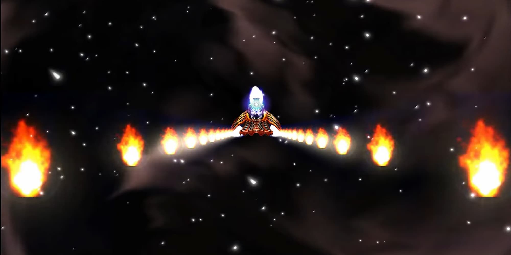 FF8 Doomtrain far shot of giant train moving through space on tracks made of fire 