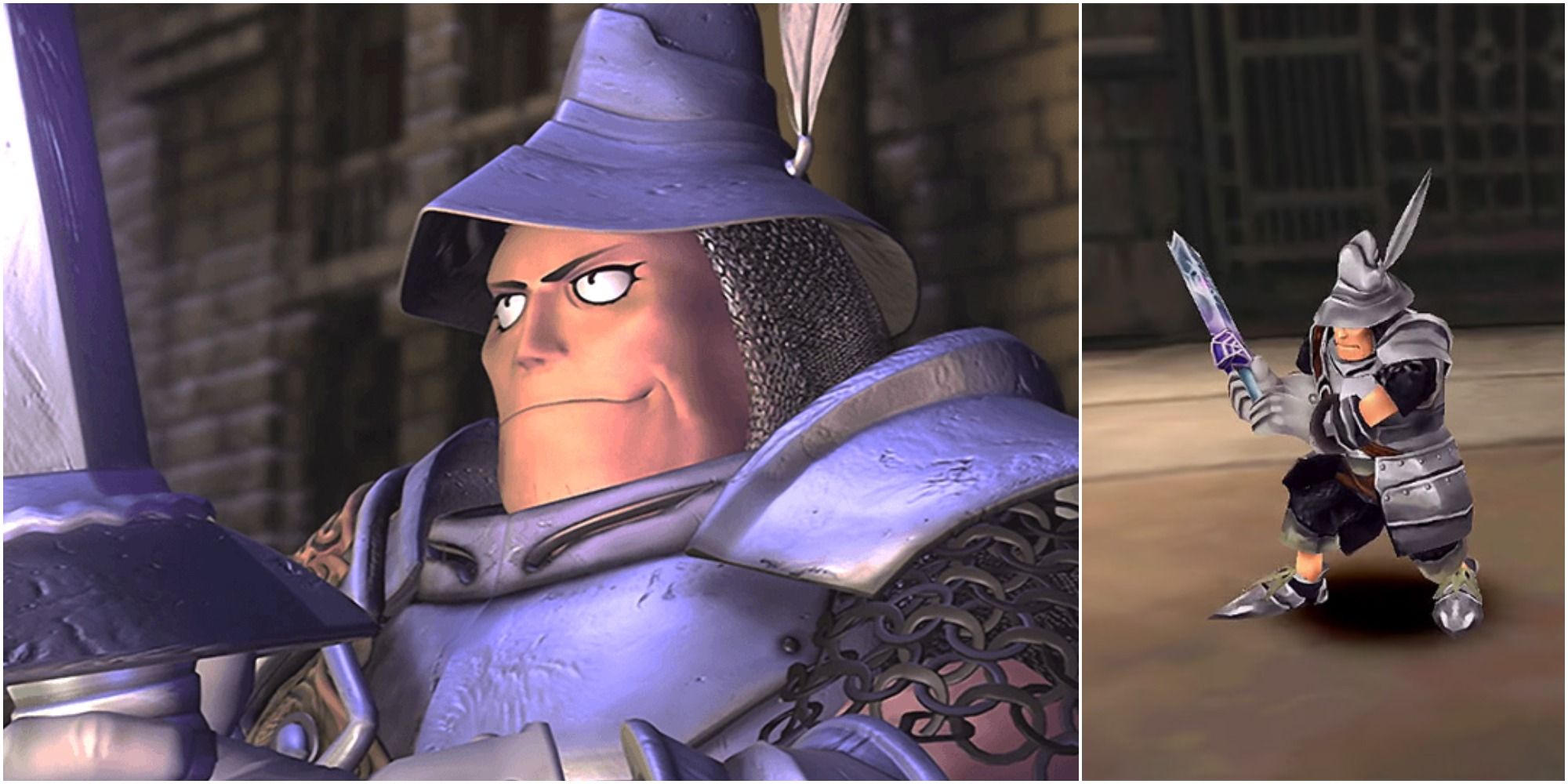 Split image of a close-up of Steiner and Steiner in battle in FF9