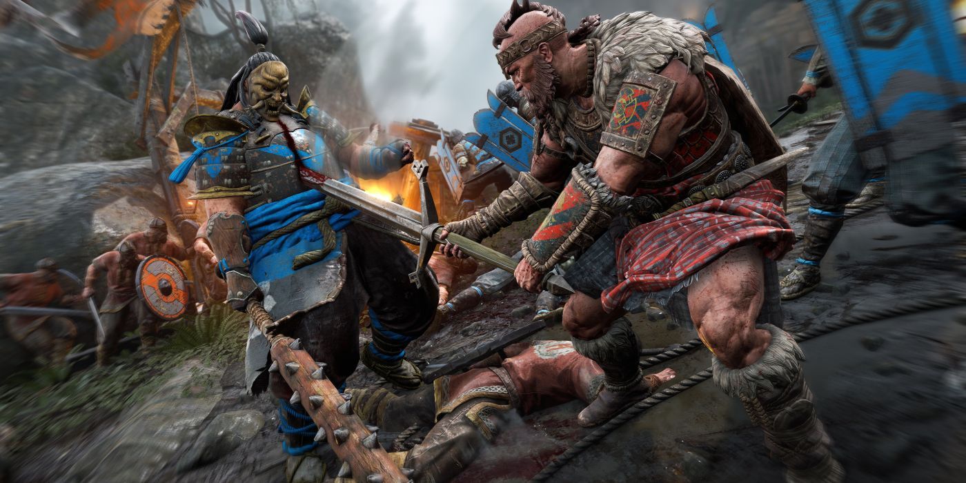 A Highlander executes a Shugoki in the midst of a chaotic battlefield
