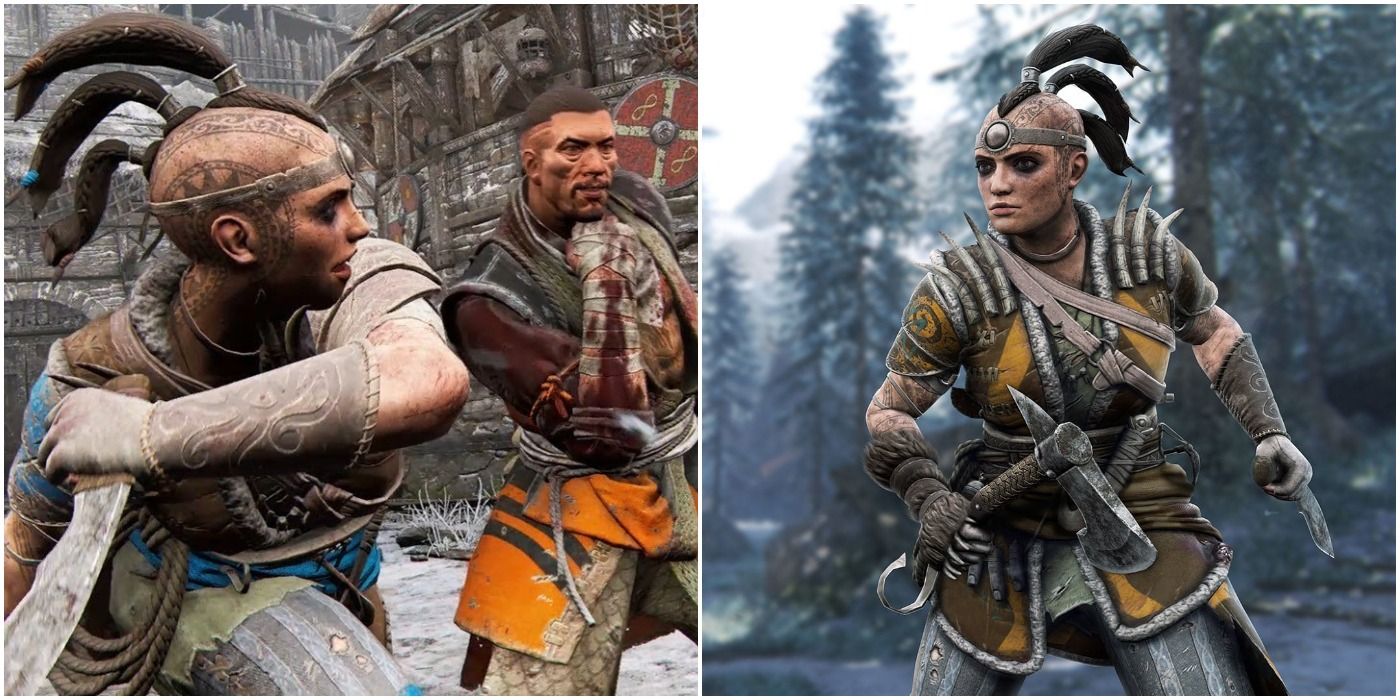 The Shaman during an execution (left) and her ready for battle in a snowy forest (right)