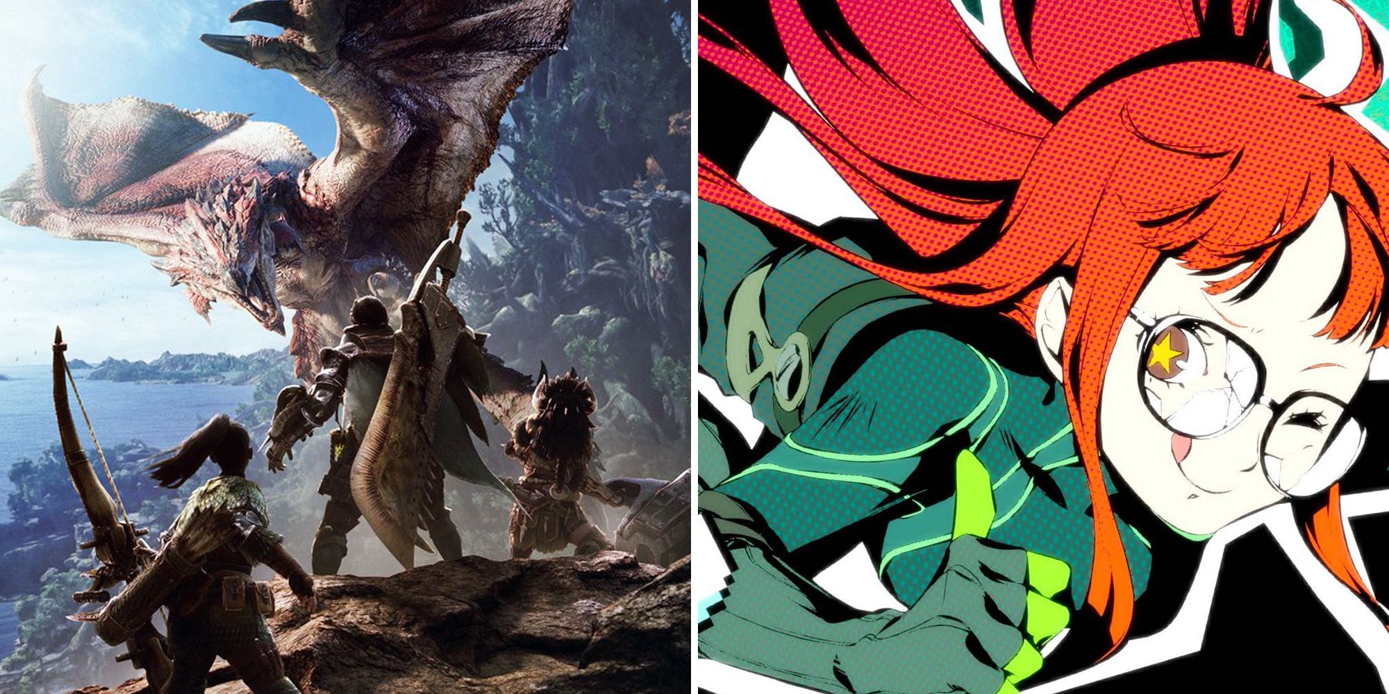 Split image. Monster Hunter World Poster on the left. Futaba Sakura from Persona 5 on the right.