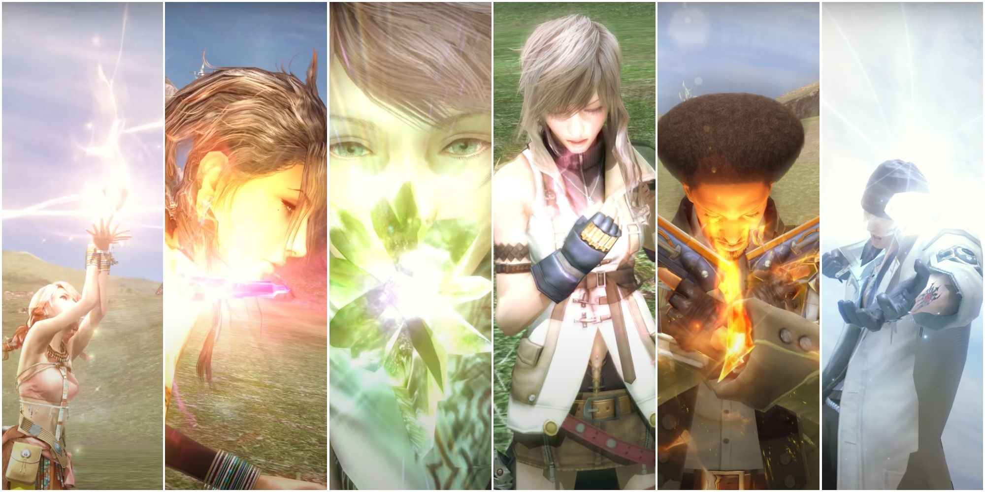 Vanille, Fang, Hope, Lightning, Sazh and Snow from Final Fantasy 13 using their Eidolon crystals, representative of their Paradigms