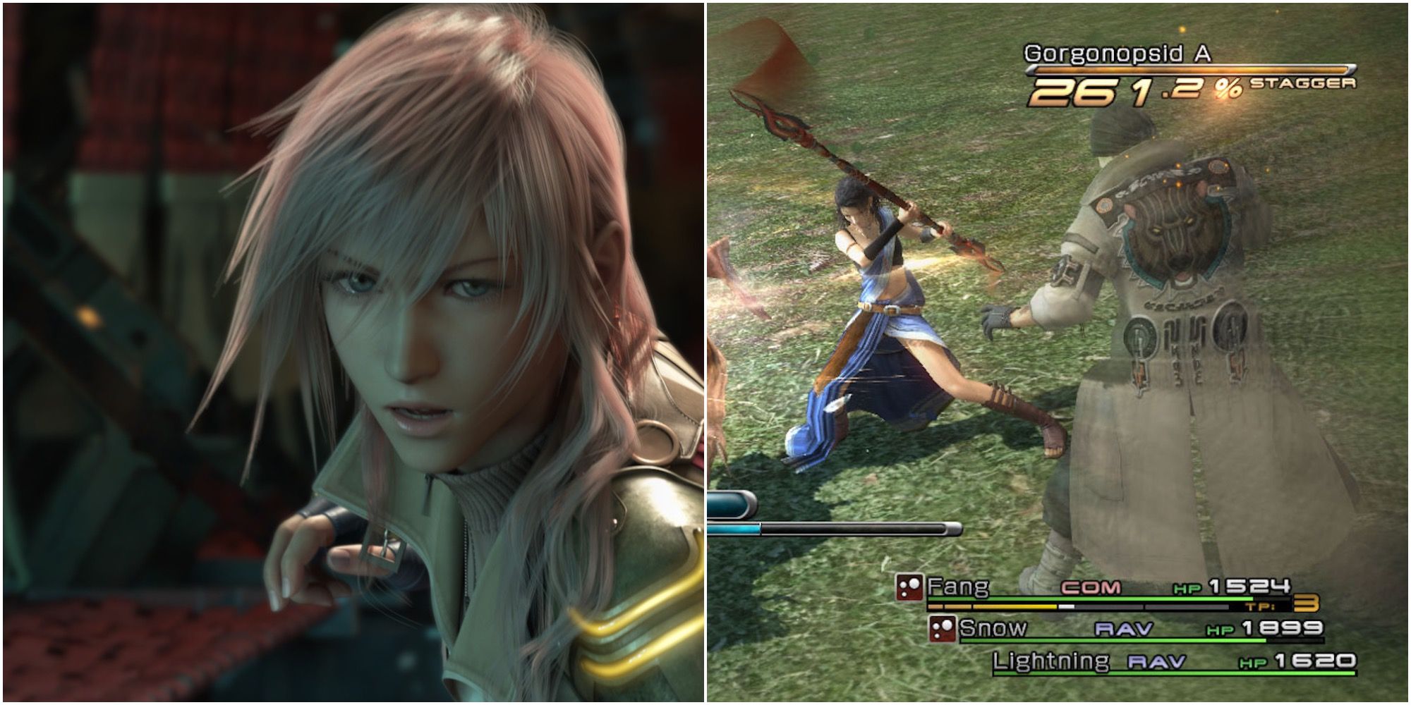 Final Fantasy 13 lightning, snow, and fang split image