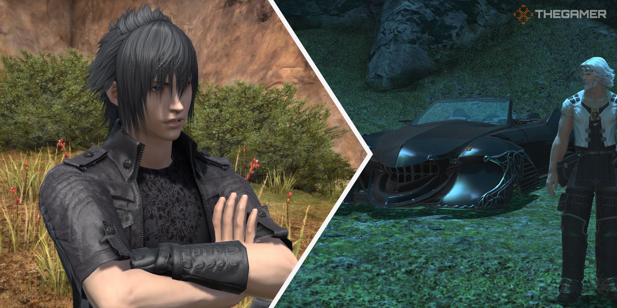 Final Fantasy 14 crossover event A Nocturne for Heroes split image of Noctis and then Cid beside the Regalia.