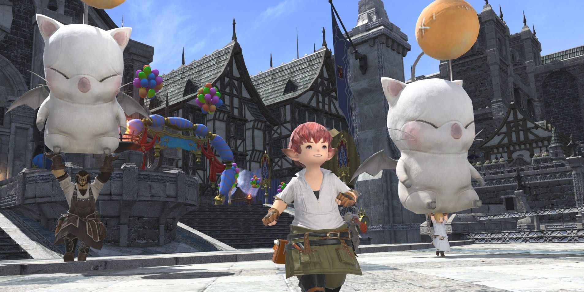 Final-Fantasy XIV Lalafell running towards screen with two floating moogles