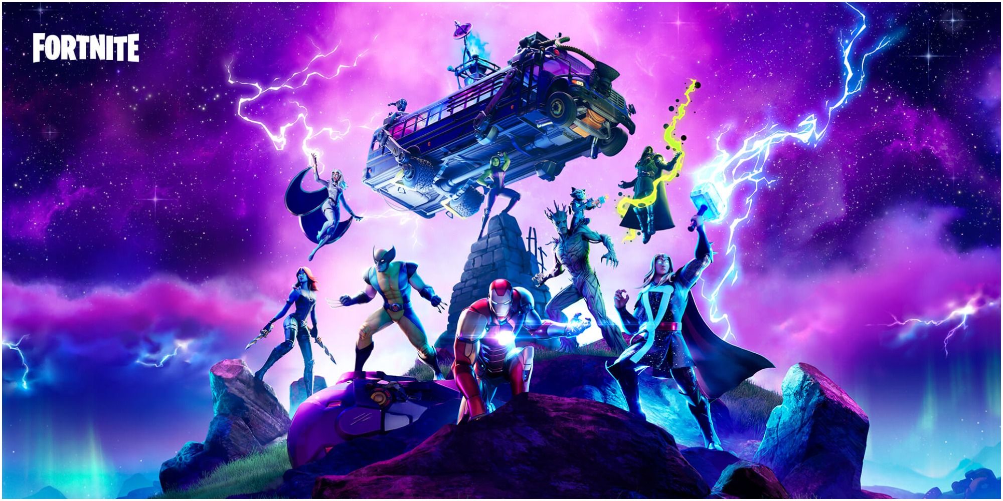Fortnite with Marvel heroes aligned on hill