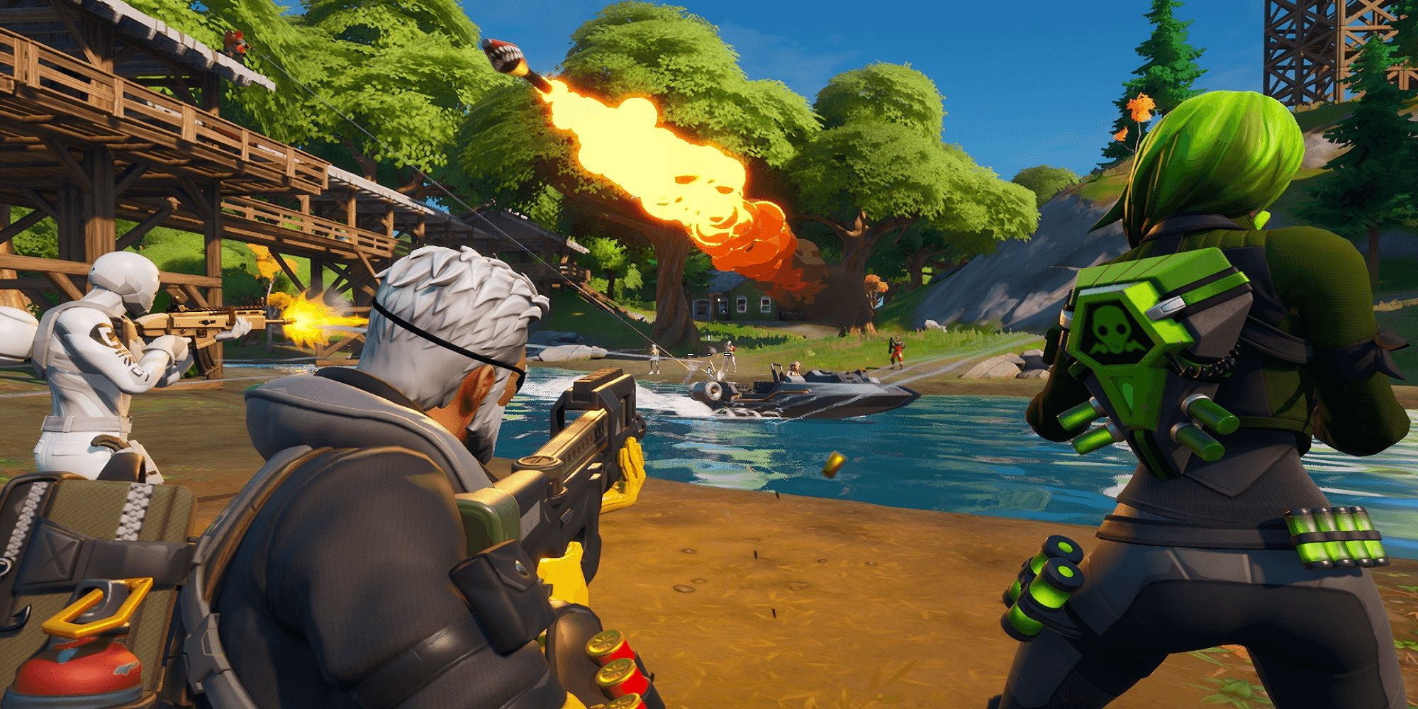 Fortnite battle screenshot several players guns river boat rocket