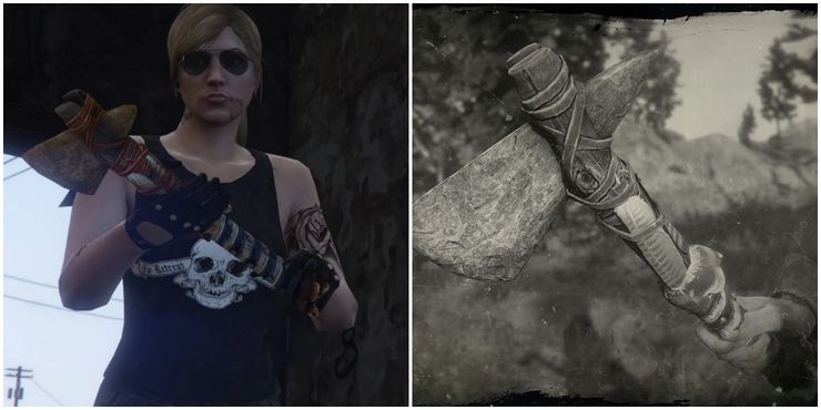 GTAO protagonists holds the stone hatchet (left) and a picture of it in RDR2 (right)