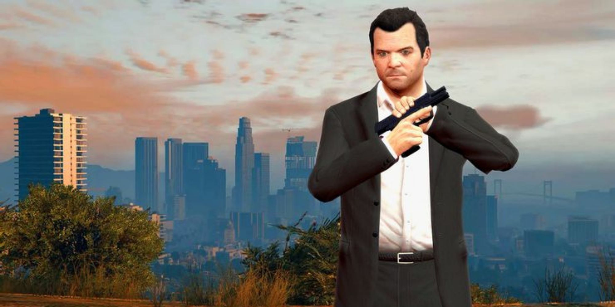 GTAV Michael de Santa holding pistol in front of downtown los santos