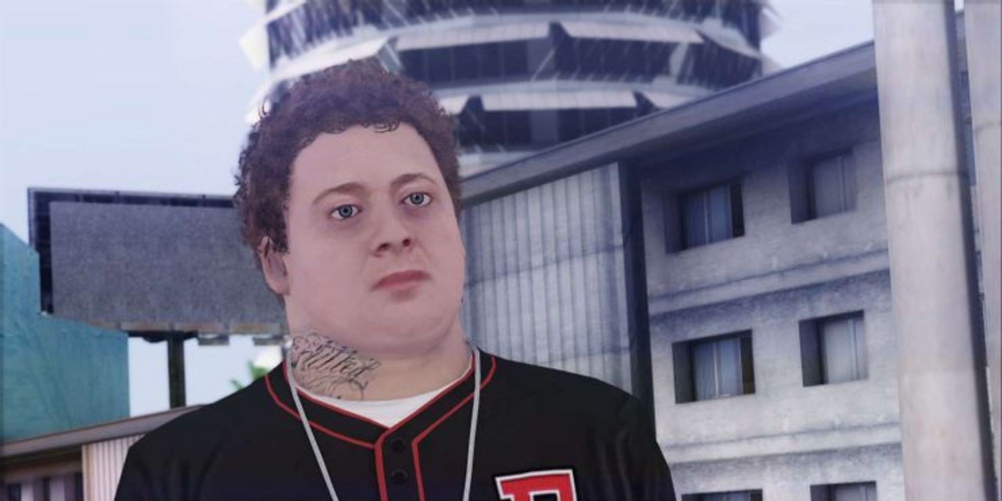 GTAV Jimmy de Santa looks at the player and shows off his neck tattoo