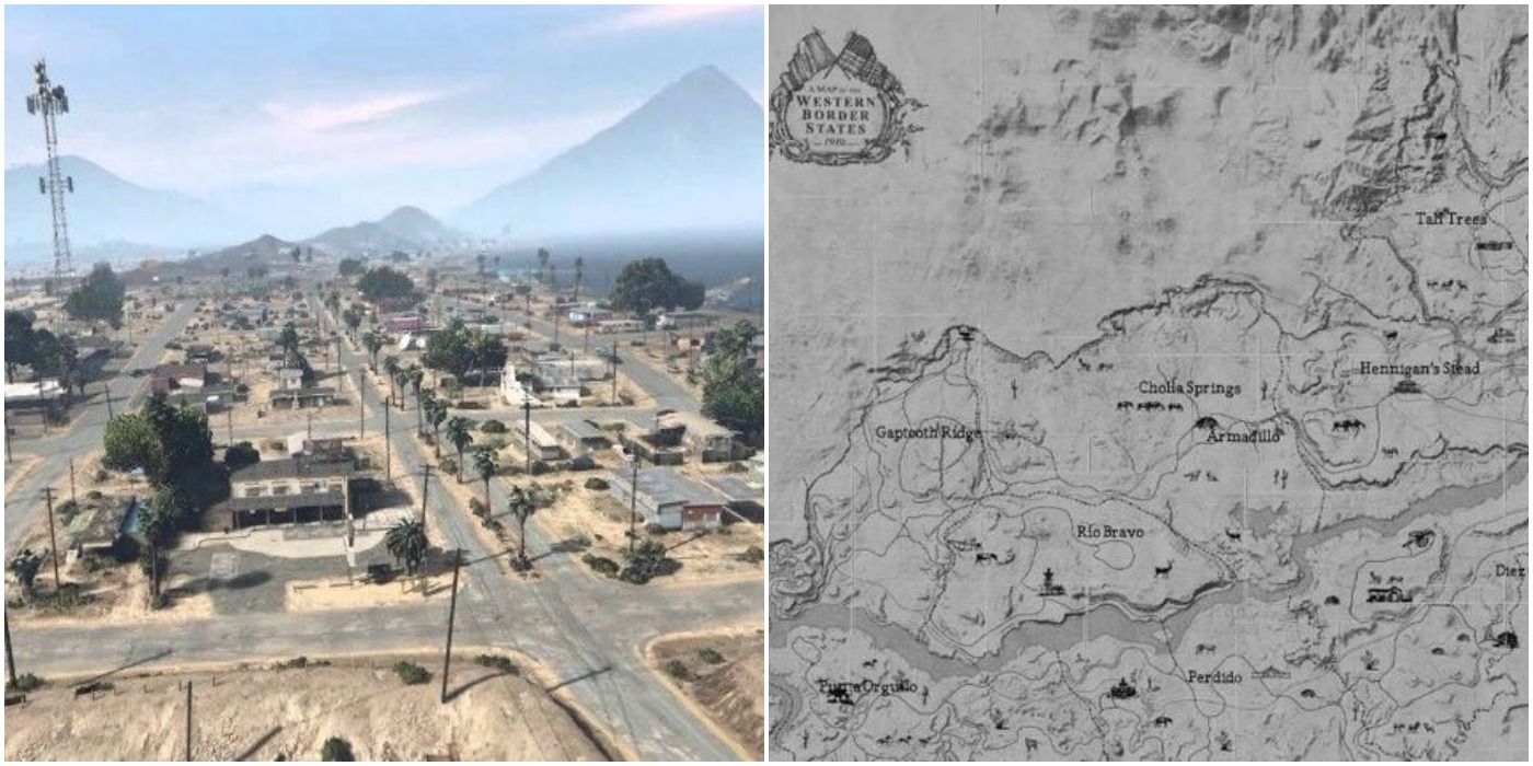 Aerial view of Sandy Shores in GTA V (left) and RDR 1's map showcasing New Austin and parts of Mexico