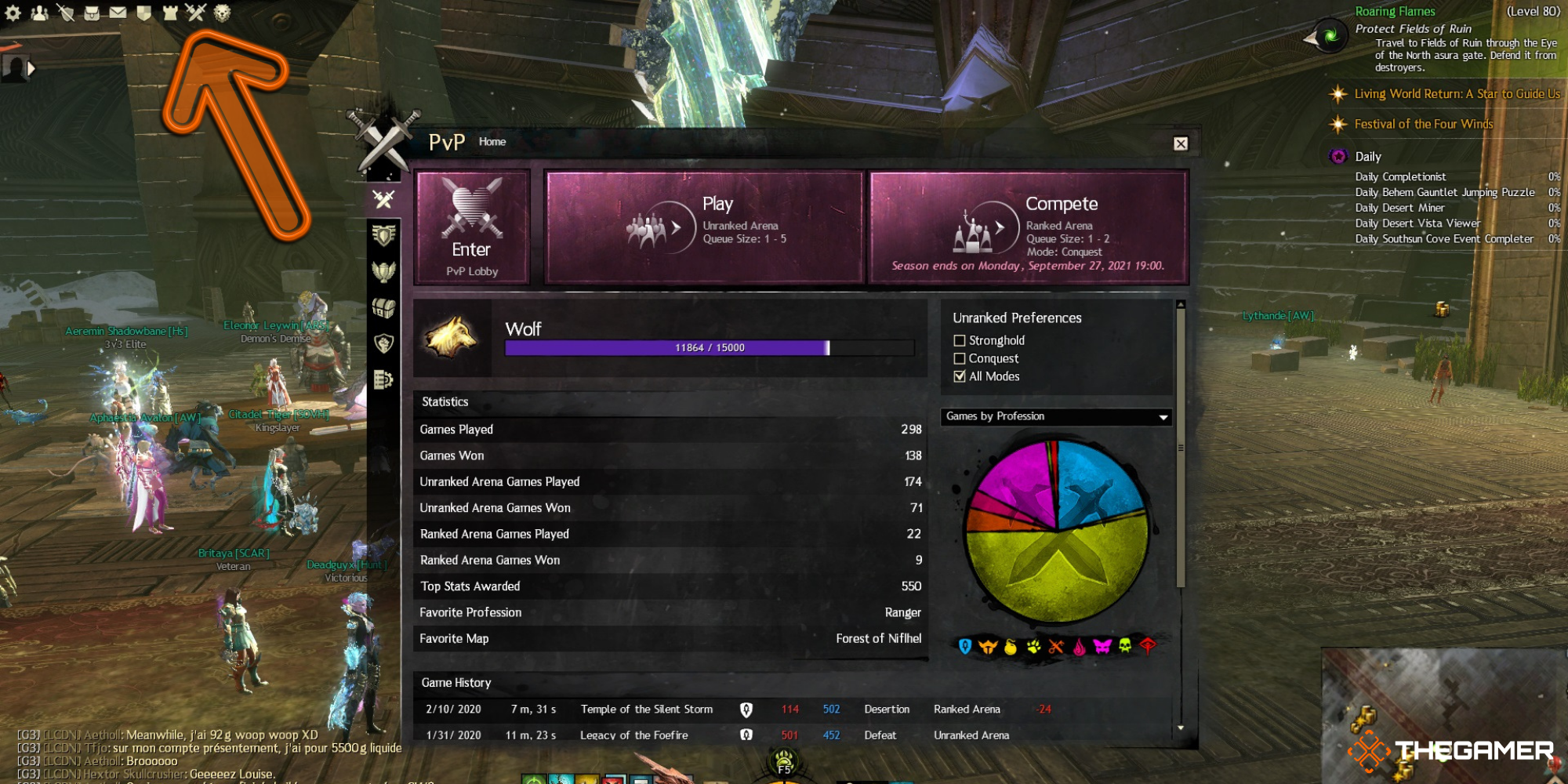 GW2 - Screenshot showing the player how to reach the PvP menu