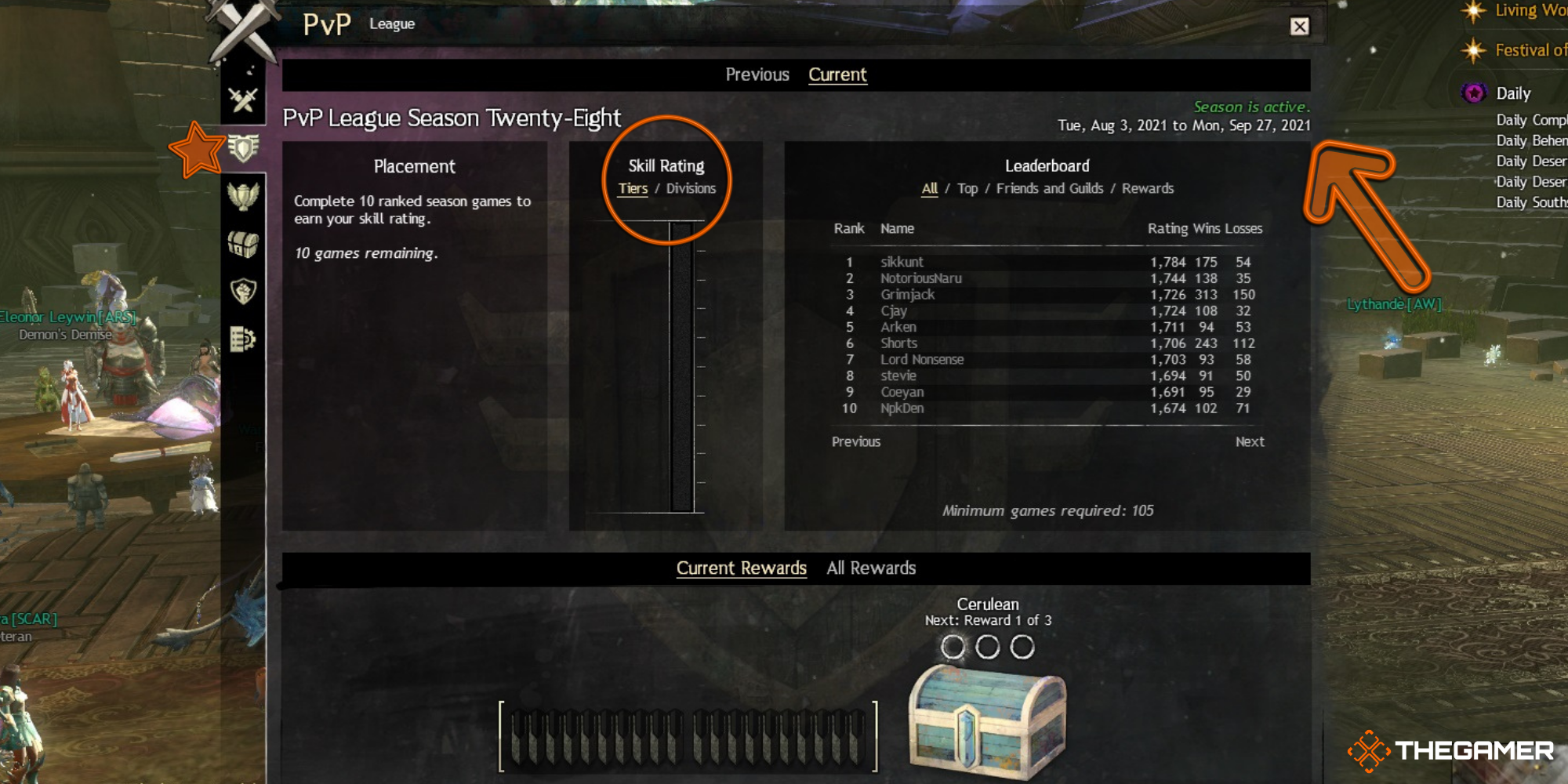 GW2 - Screenshot showing the player the details of the League tab on the PvP menu
