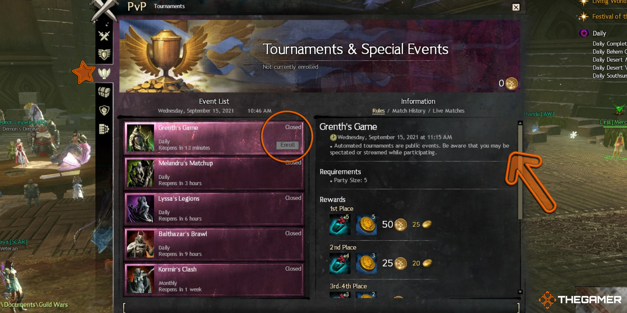 GW2 - Screenshot showing the player the details of the Tournaments tab on the PvP menu