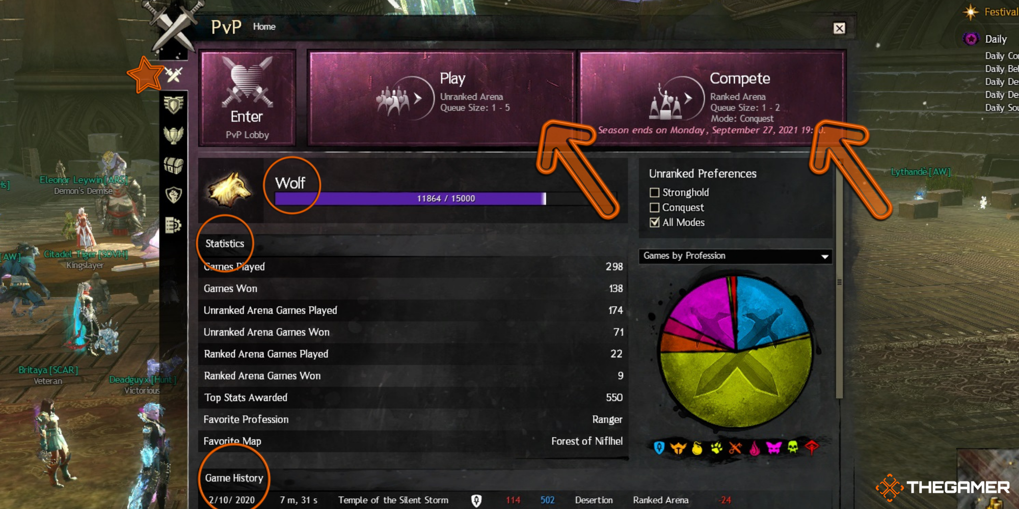 GW2 - Screenshot showing the player the details of the home tab on the PvP menu