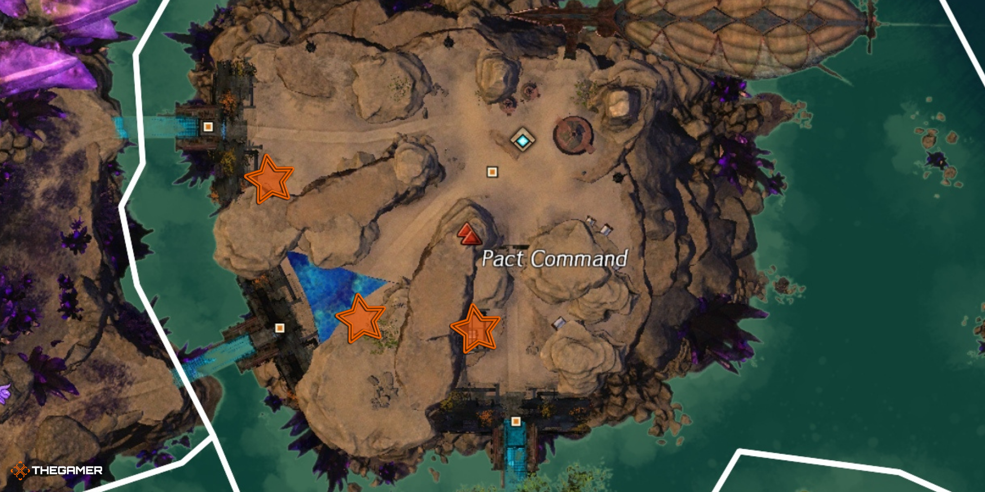GW2 - screenshot of Dragonfall map with Quartermaster locations marked with stars