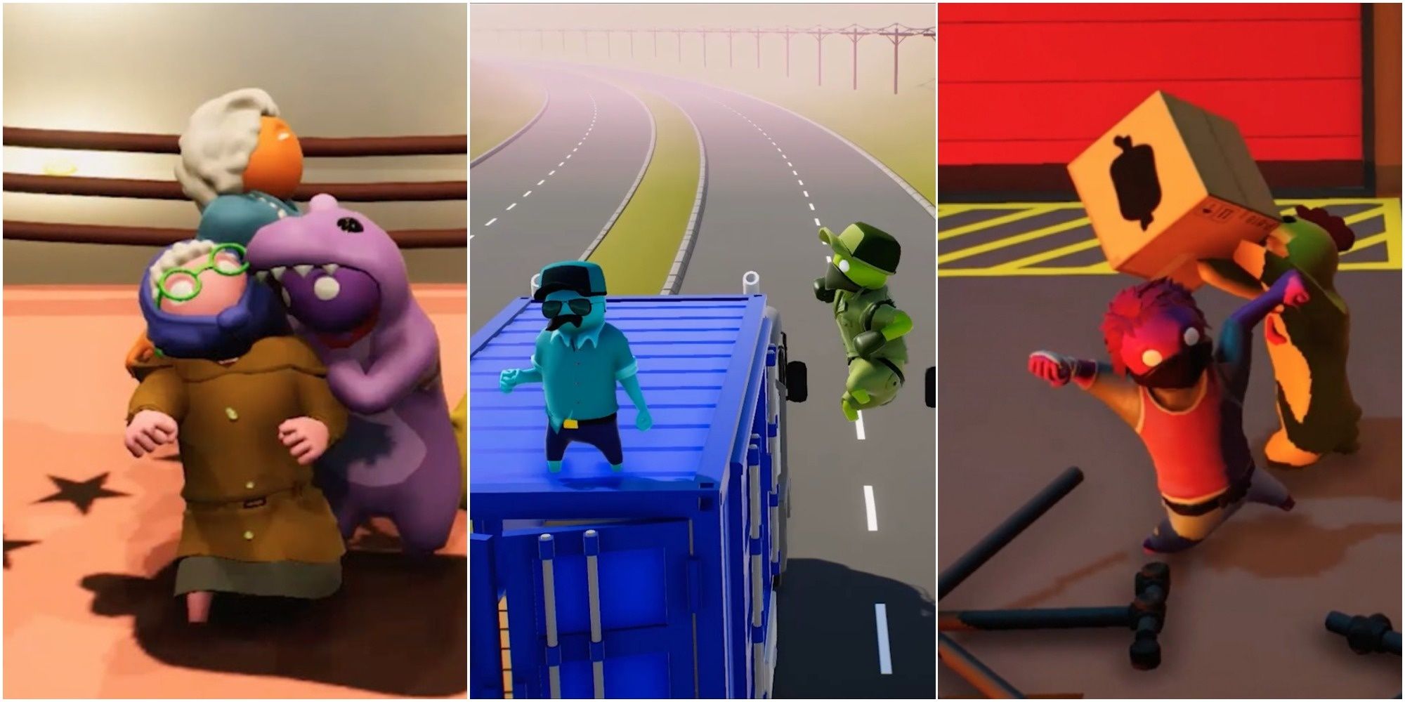 Split image of Gang Beasts fighters throwing, grabbing and leaping in combat