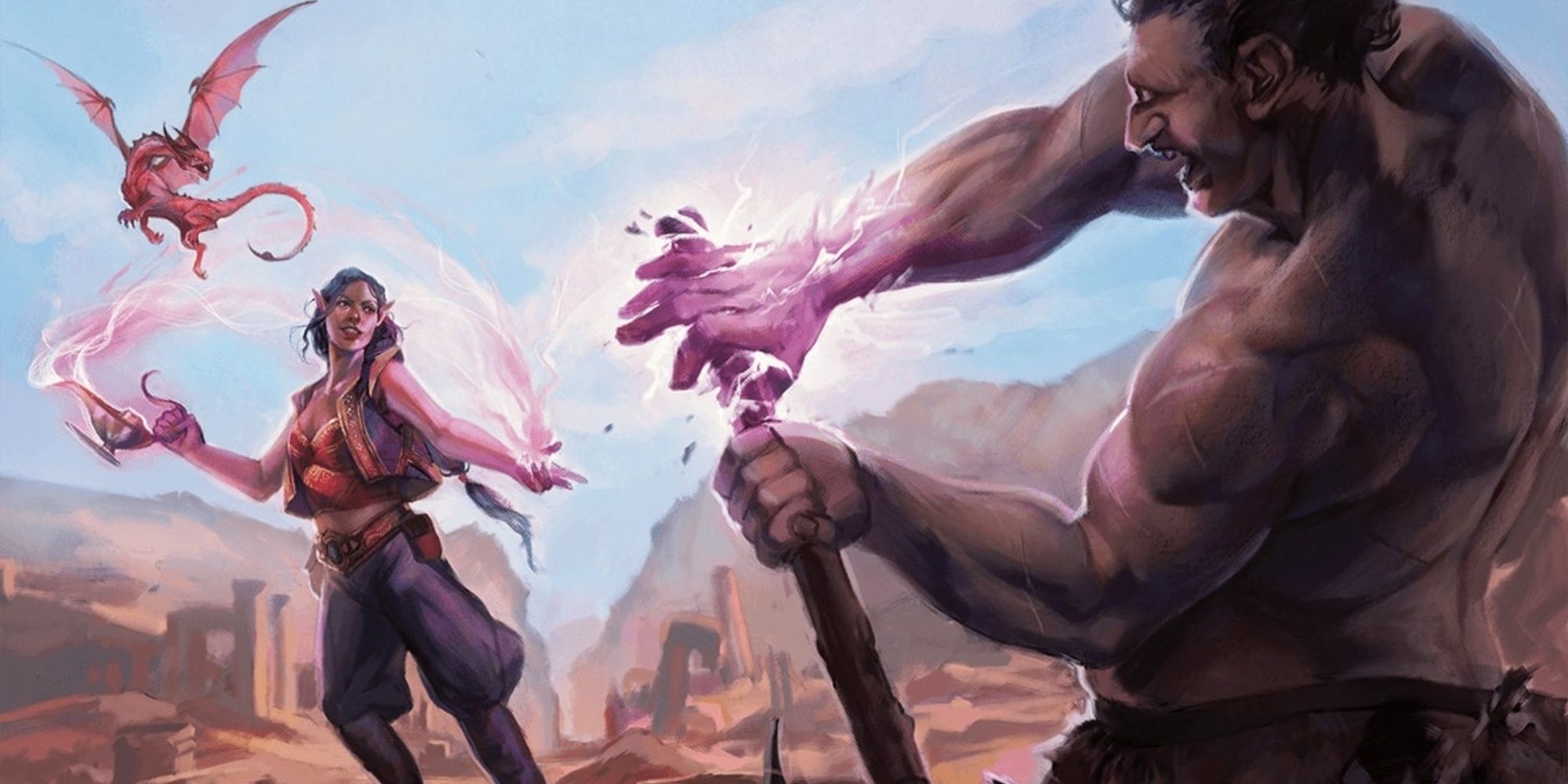 Elven warlock with a Genie patron fighting an orc in Dungeons & Dragons