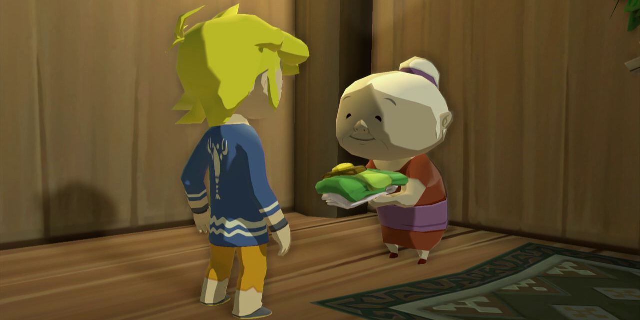 Grandma from Legend of Zelda Wind Waker hands Link the hero's clothes