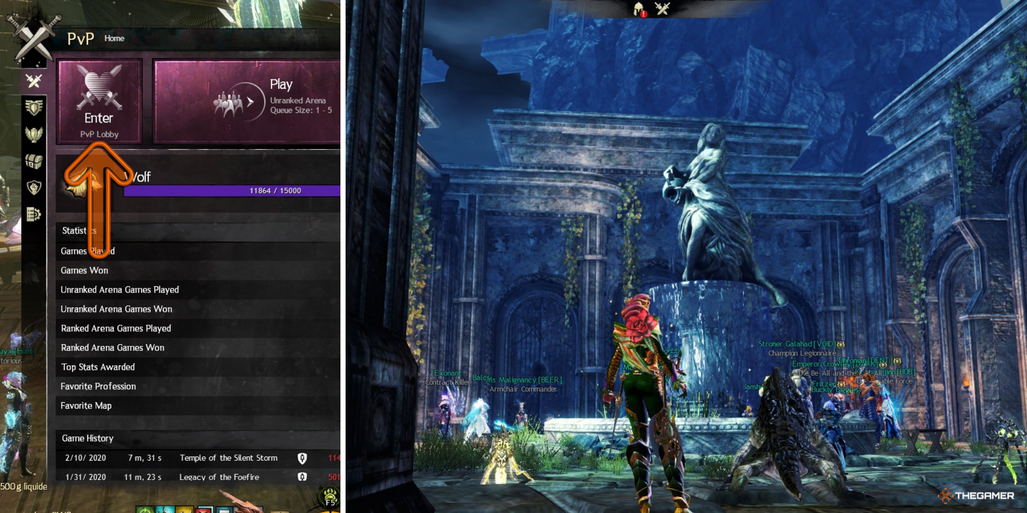 Guild Wars 2 - Entering the PvP Lobby via the PvP Menu on left, player in the PvP Lobby on right