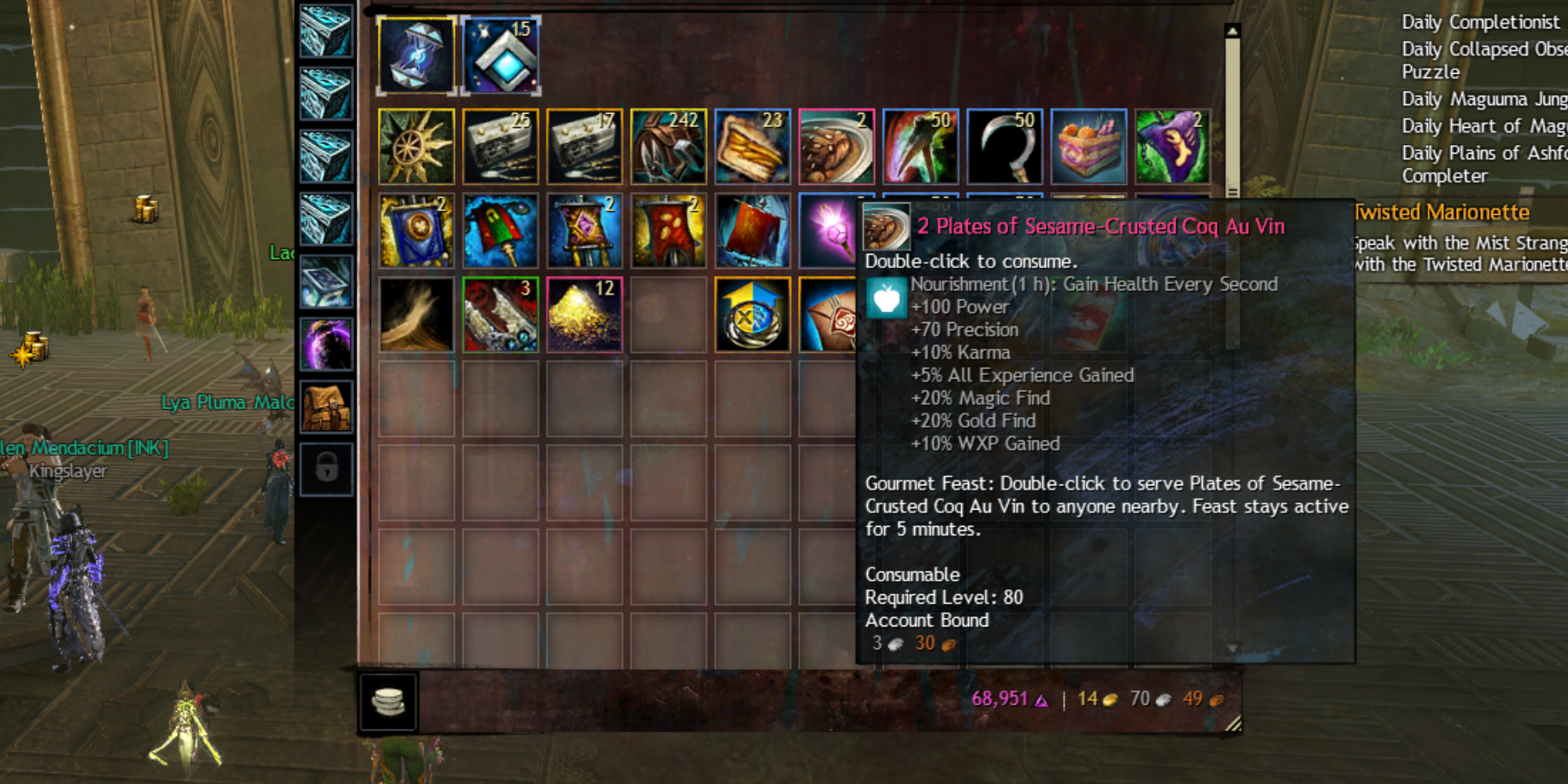 Guild Wars 2 - In-Game screenshot of the stats of a Plate of Sesame-Crusted Coq Au VIn