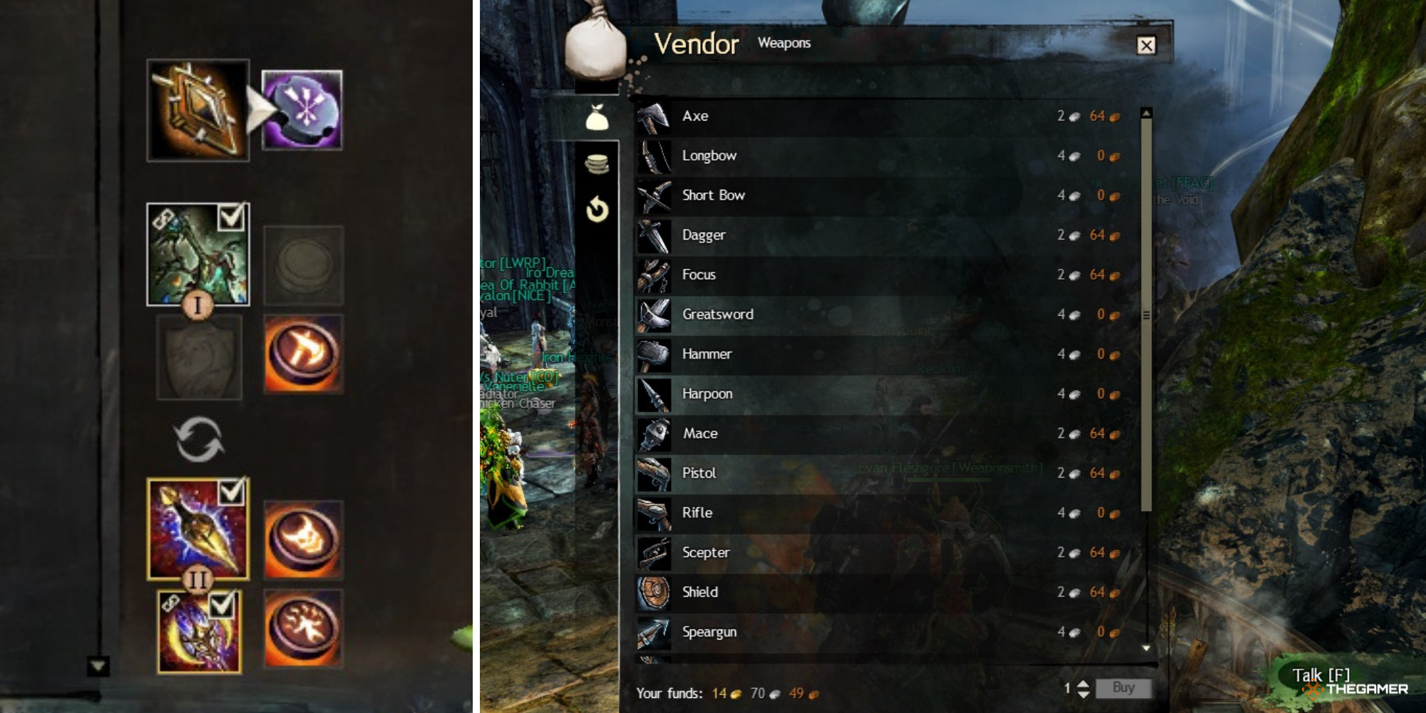 Guild Wars 2 - PvP build weapons on left, PvP lobby Weapons Vendor on right