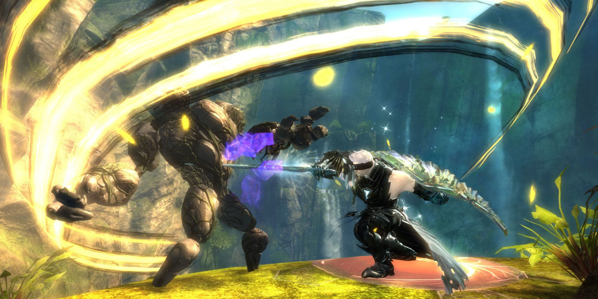 Guild Wars 2 - Revenant wielding a sword and a shield, attacking a golem