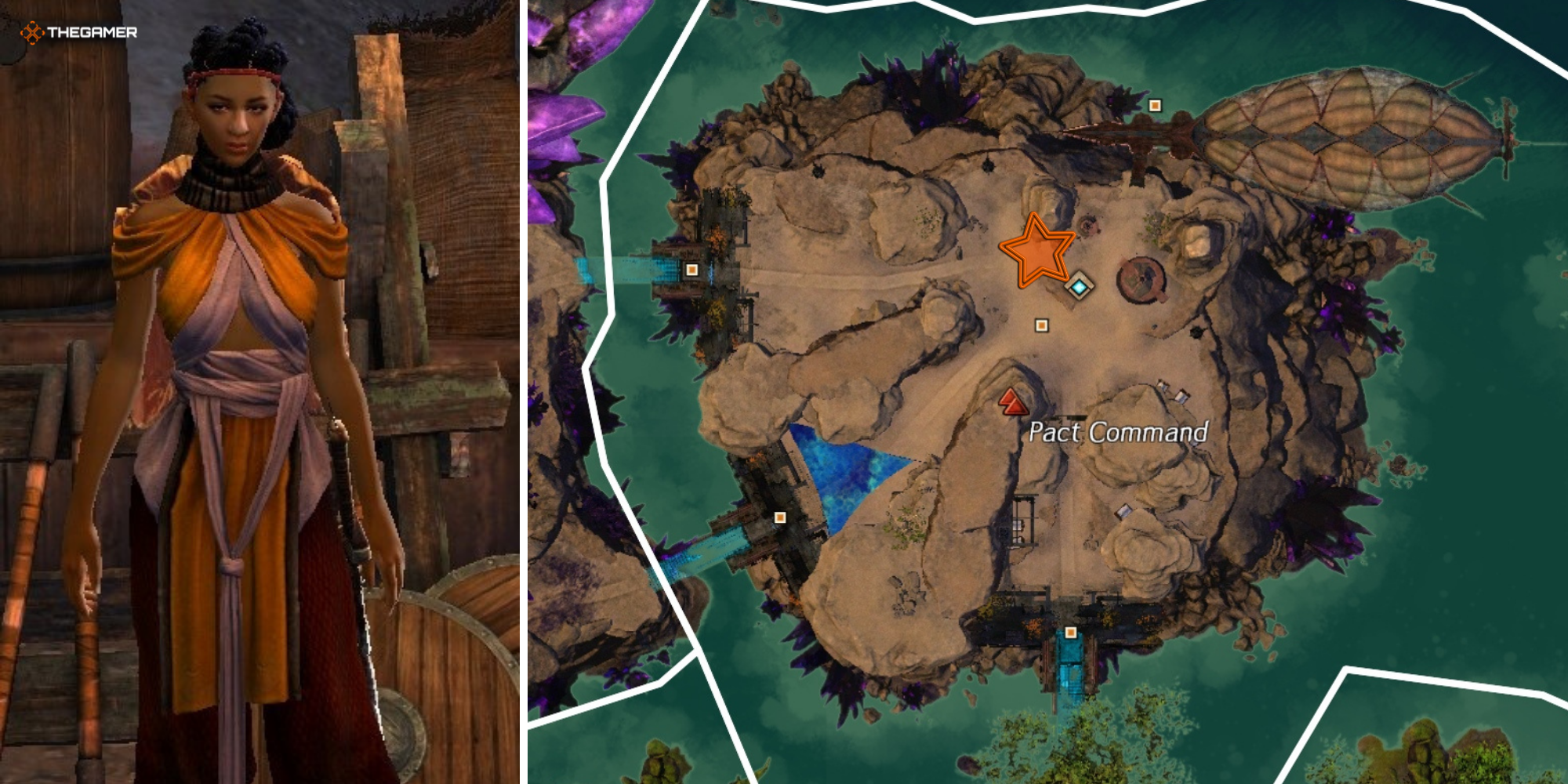 Guild Wars 2 - Split image of Dragonfall map on right with Star indicating the Traveling Elonian Merchant, left image of NPCS