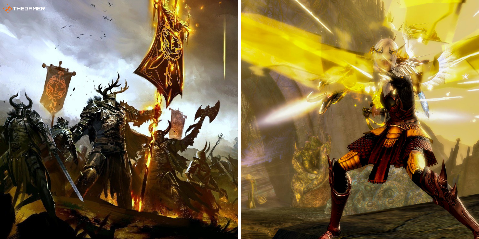 Guild Wars 2 Warrior - Concept art on left, Player in-game screenshot on right