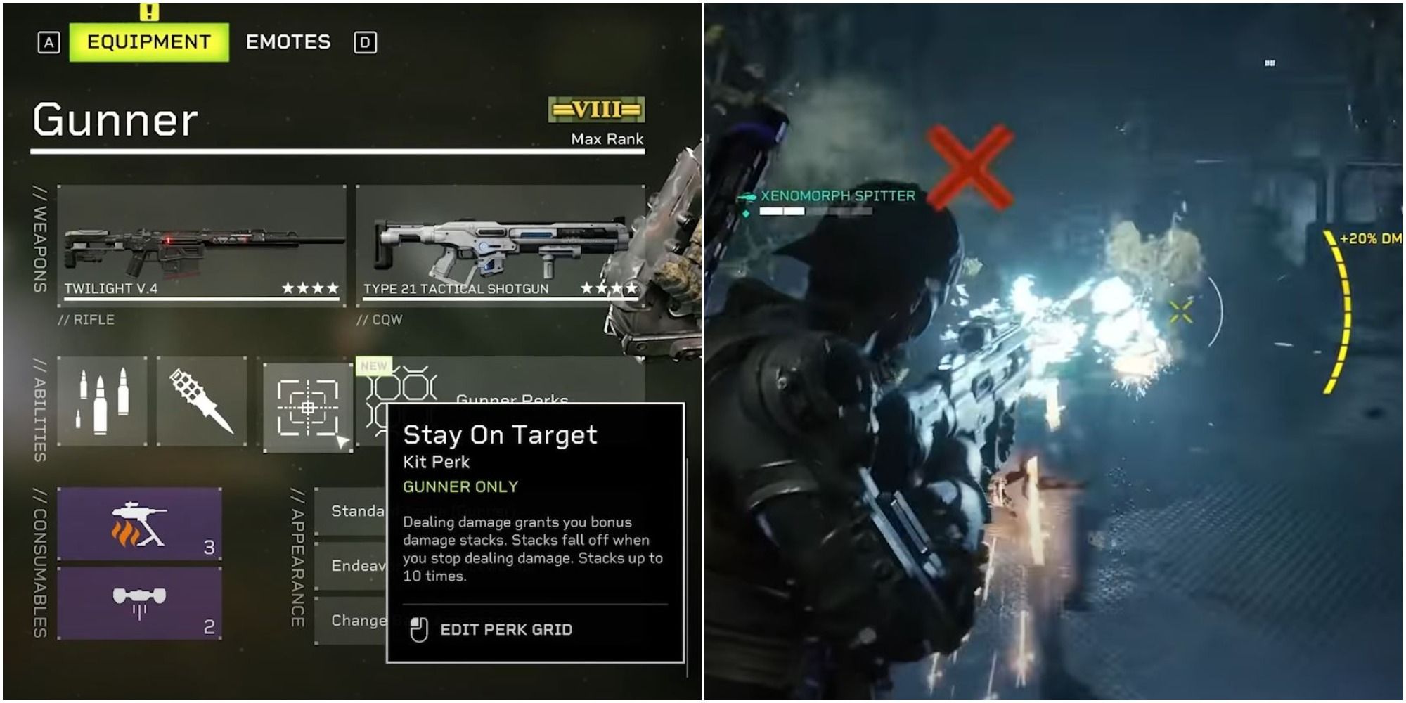 Explanation of the Stay on Target passive ability in Aliens: Fireteam Elite along with gameplay showing the damage bonus