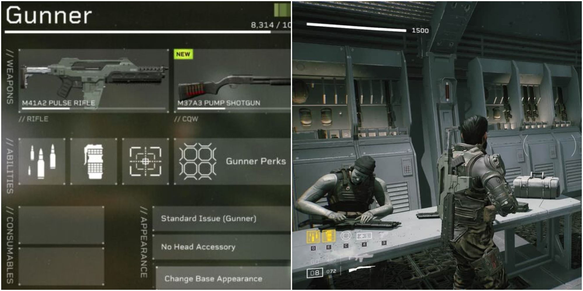 A screen showing the Gunner abilities in Aliens: Fireteam Elite next to a Gunner preparing for his next mission. 