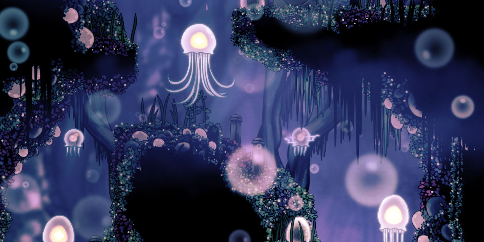 Jellyfish and bubbles floating in Fog Canyon in Hollow Knight