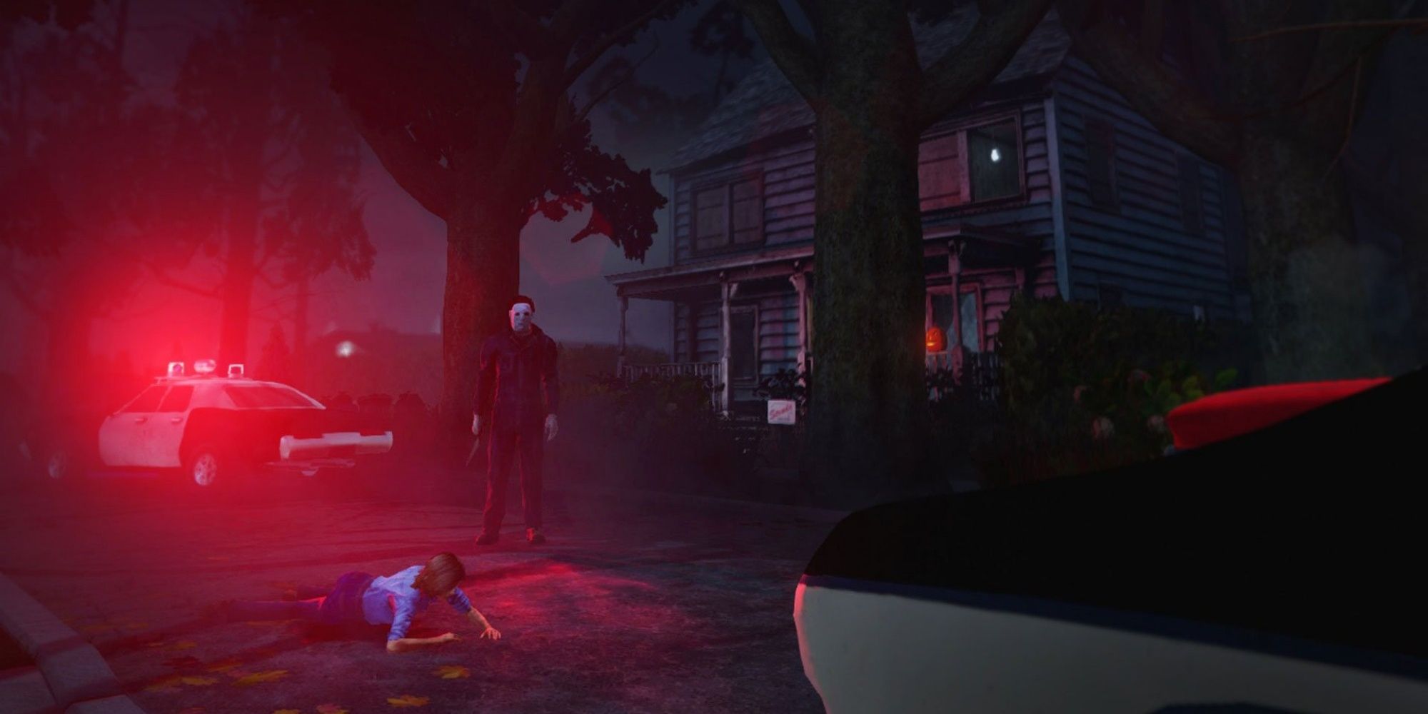 Michael Myers standing over Laurie Strode on Lampkin Lane in Dead by Daylight