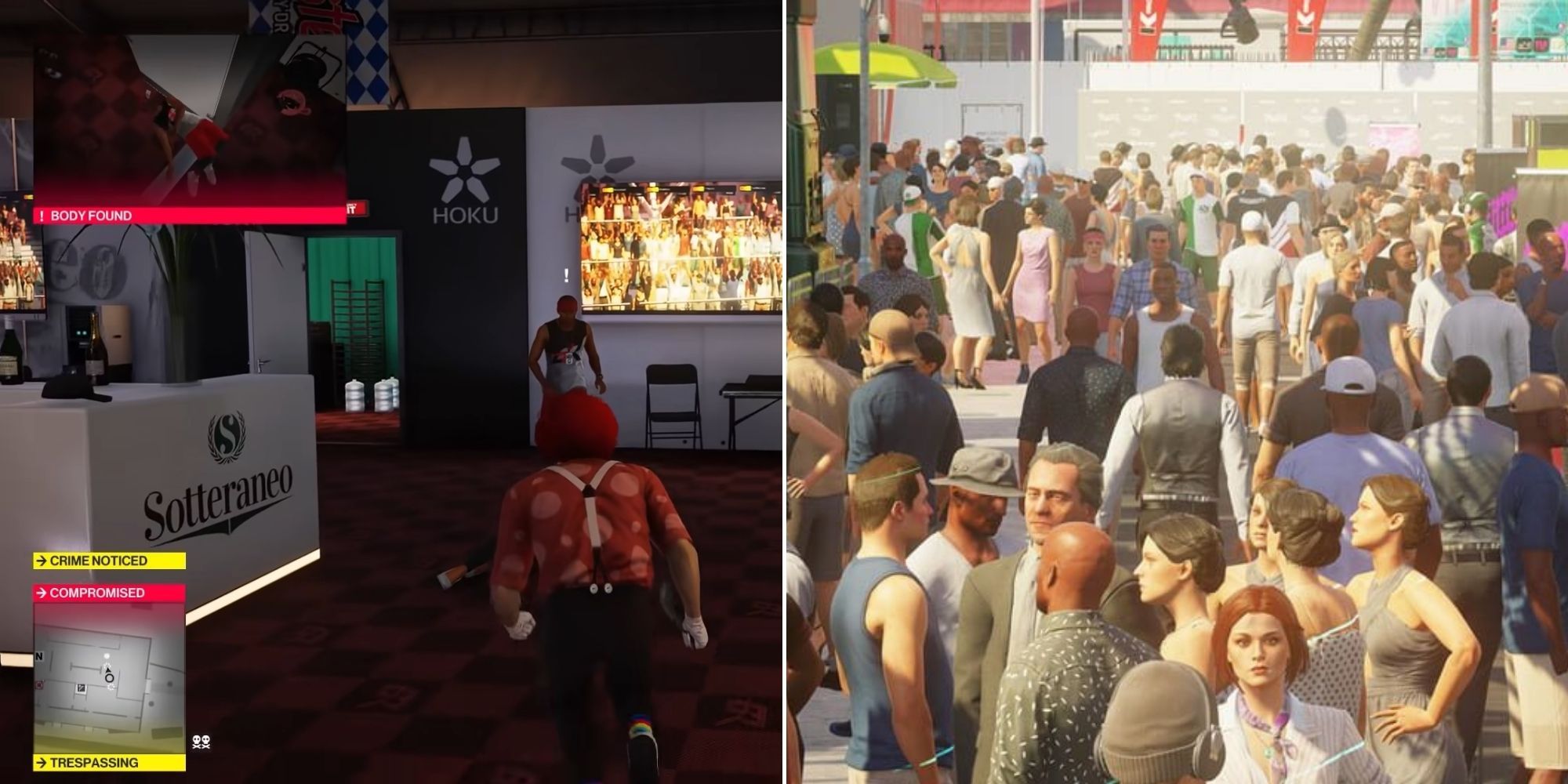 Hitman 2 - A body being discovered and Agent 47 compromised - A busy crowd