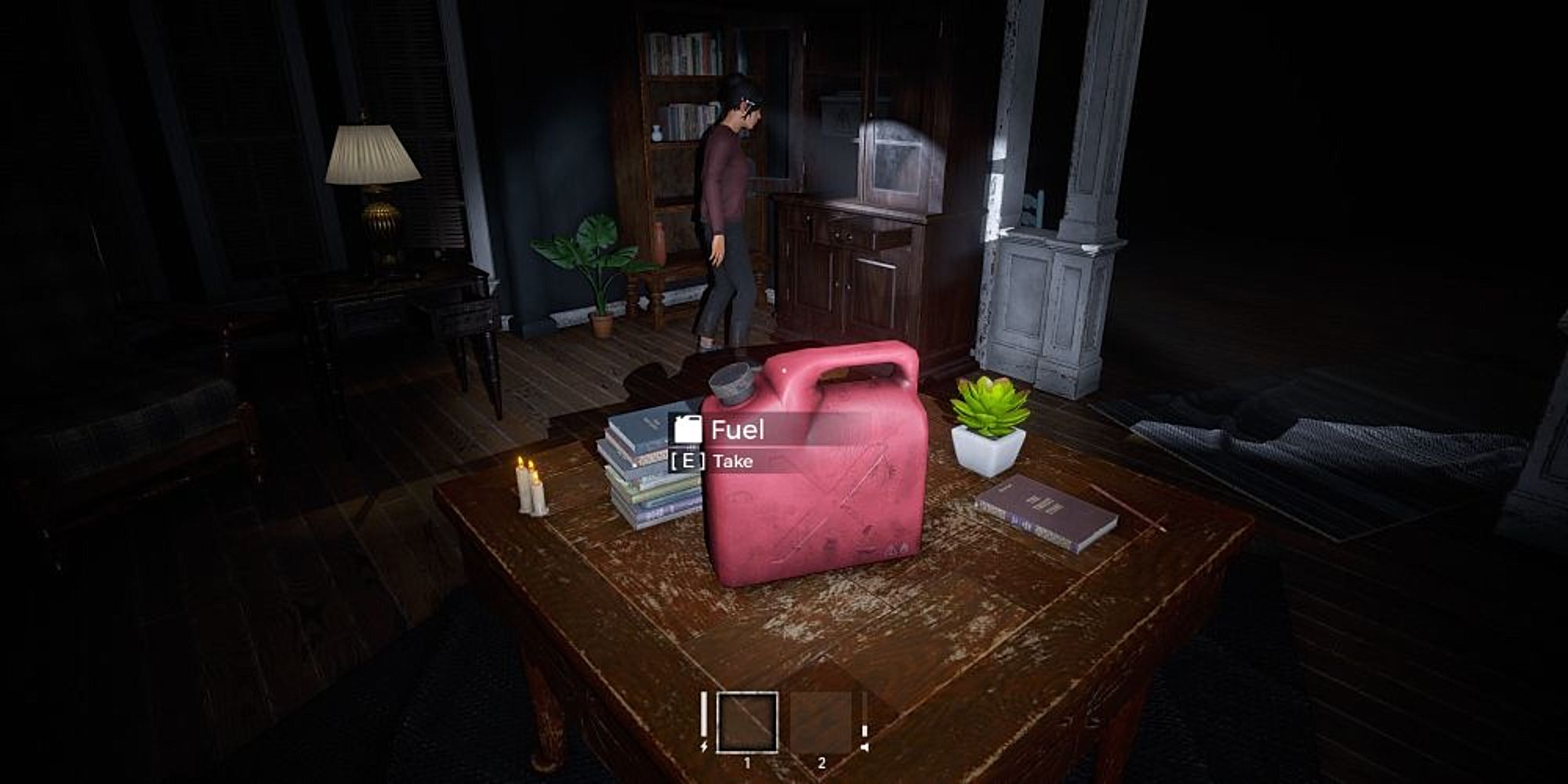 A table with a tank of fuel in it, and another player in front of you. The room is dark.